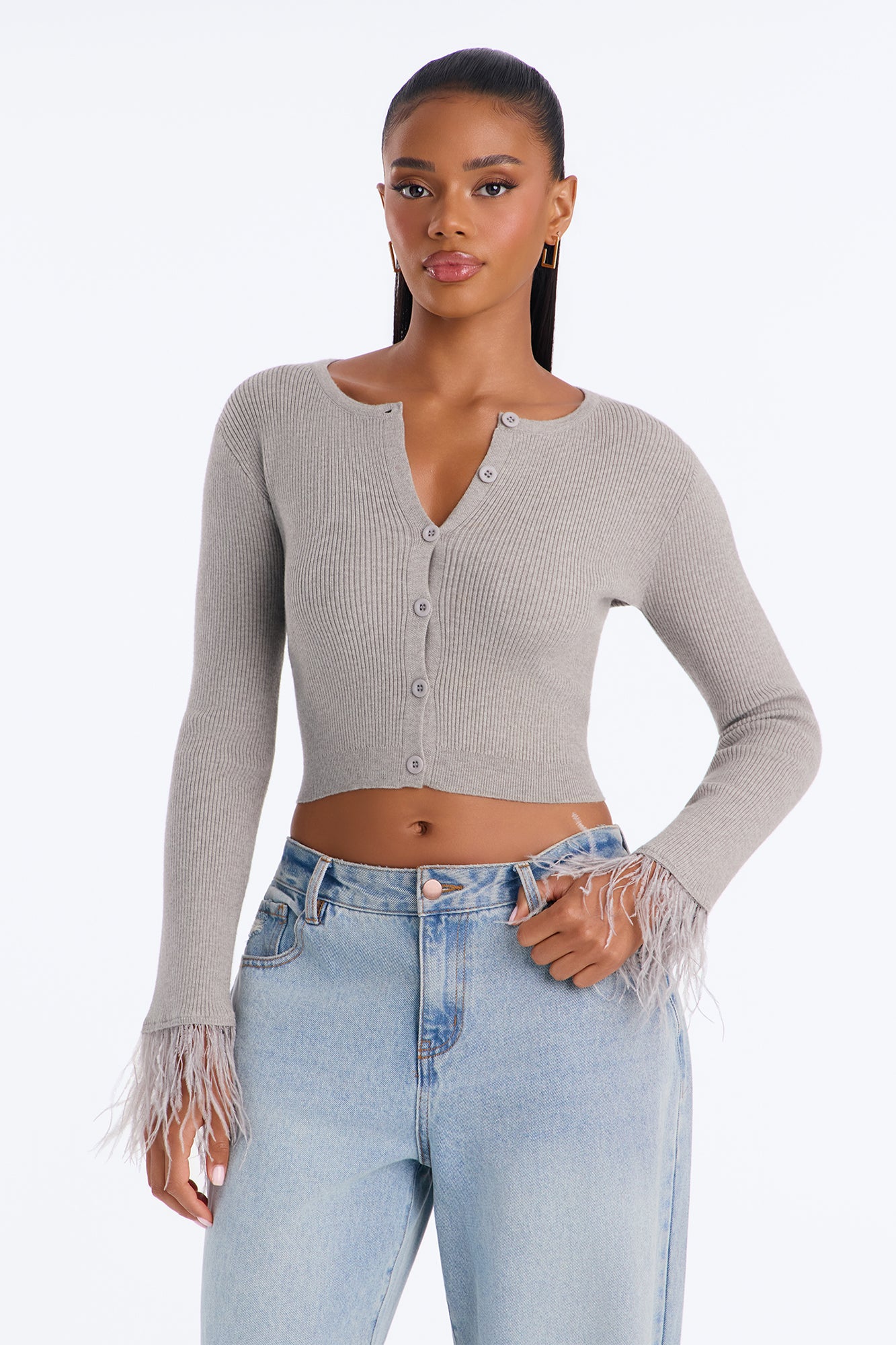 Soft Heart Cropped Feathered Cardigan - Heather Grey