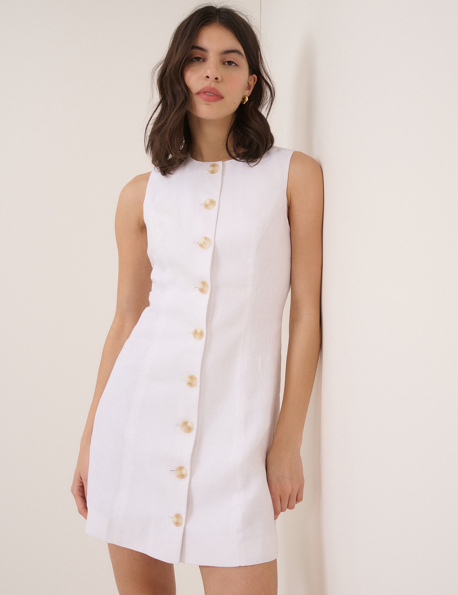 White Linen-Blend Button Front Mini Dress