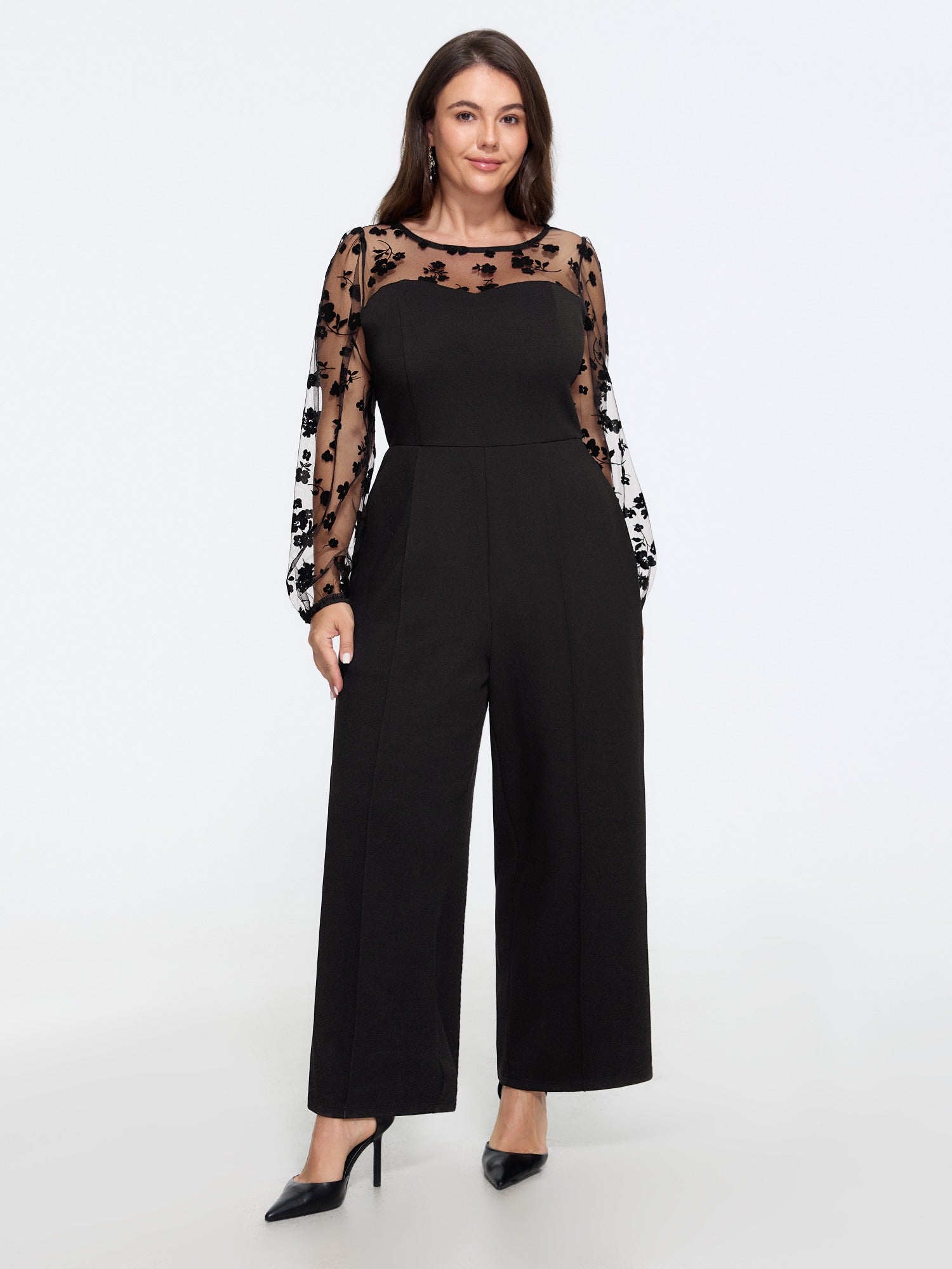 Sheer Floral Mesh Long Sleeve Wide Leg Jumpsuit