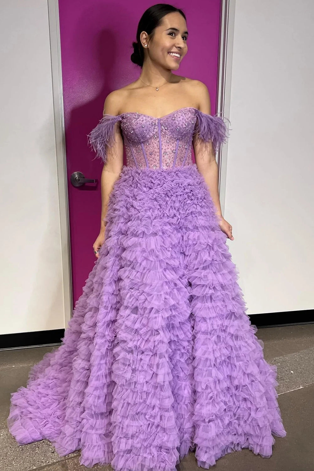 Purple Long A-Line Prom Dress with Feathers for Princess Off-the-Shoulder