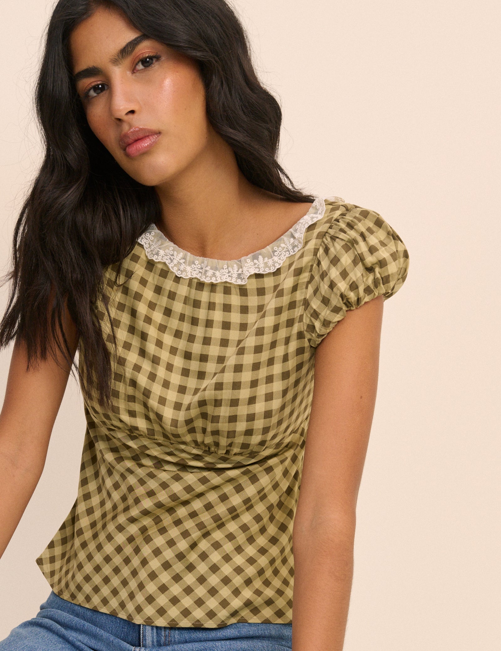 Green Gingham Puff Sleeve Dione Top