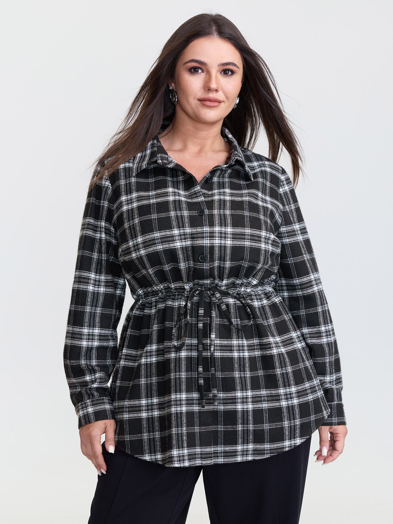 Plaid Print Adjustable Waist Button-Down Shirt