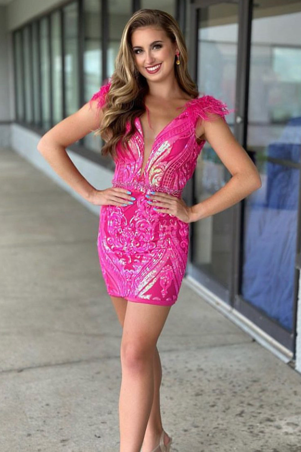 Sparkly Fuchsia Sequins Short Tight Homecoming Dress/Mini Dress With Feathers