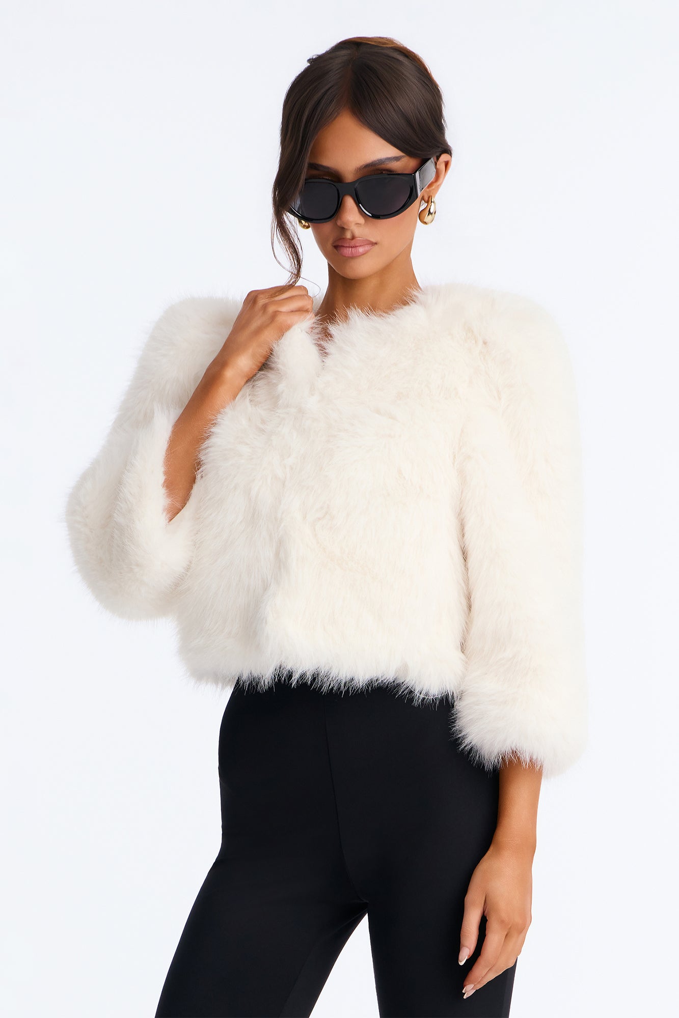 Collen Collarless Faux Fur Quarter Sleeve Cropped Jacket - Cream