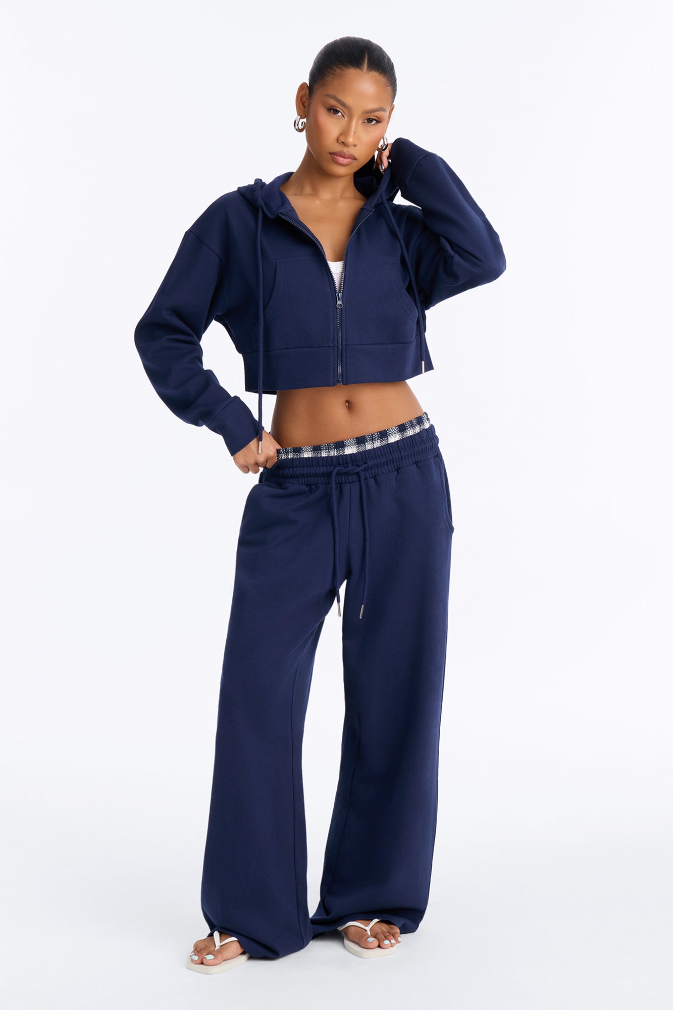 Study Break Double Waist Fleece Pant Set - Navy