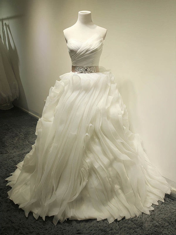 Glamorous Strapless Organza Court Train Wedding Dresses with Cascading Ruffles