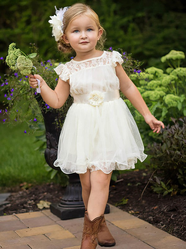 Elegant A-Line Lace Organza Short Flower Girl Dresses with Sash