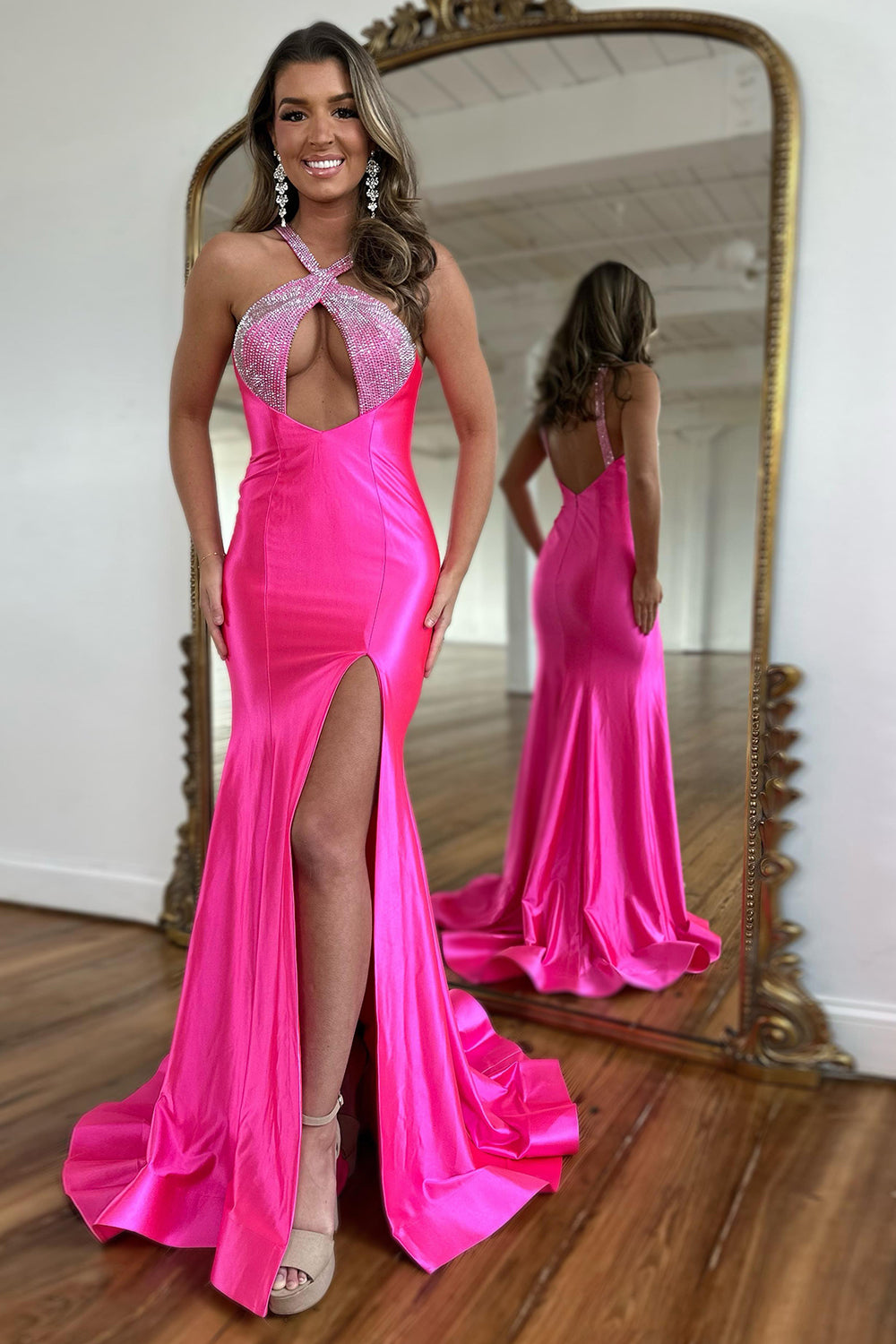 Long Satin Mermaid Prom Dress in Fuchsia with Halter Neck and Beading