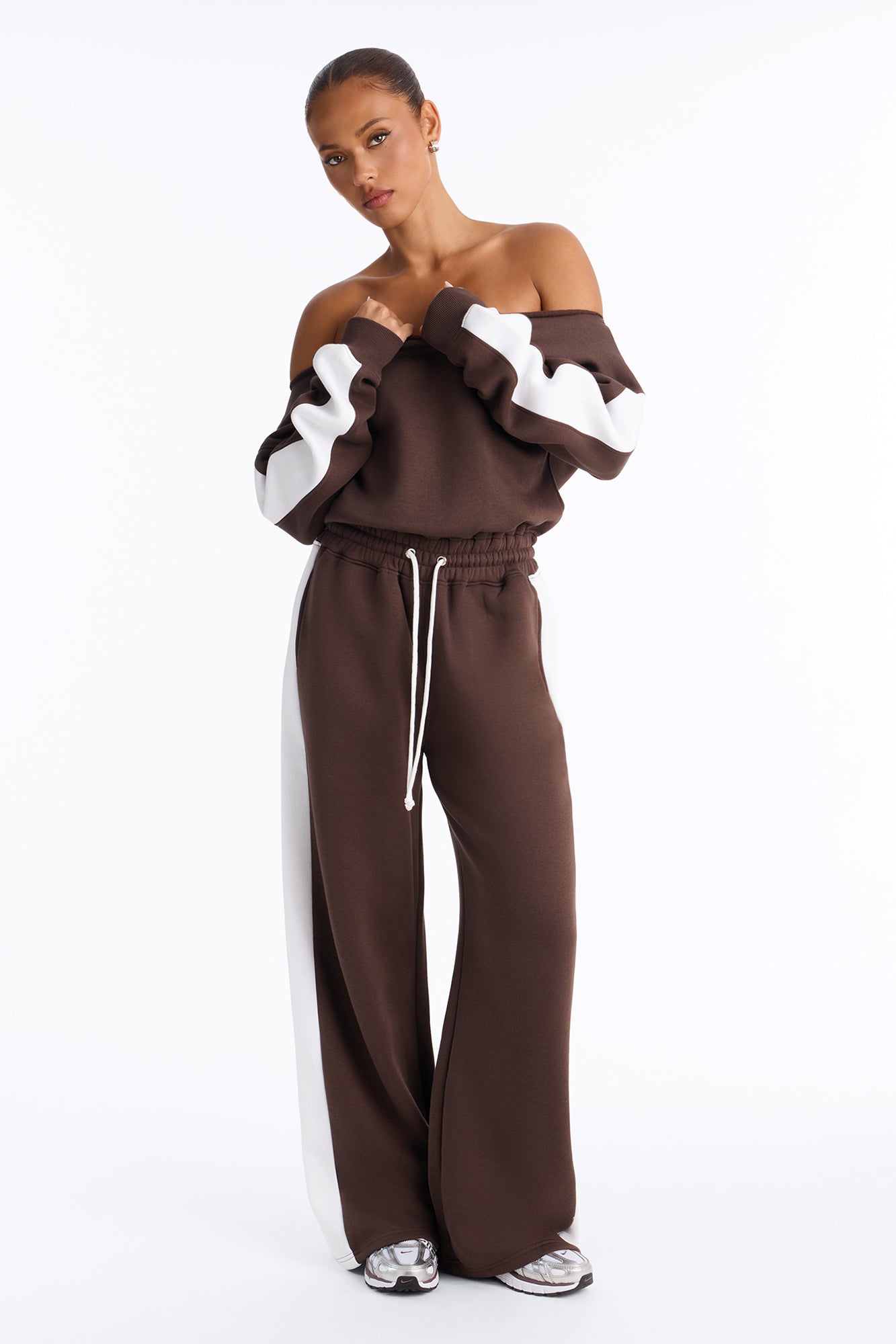 Soraya Off Shoulder Fleece Jumpsuit - Chocolate