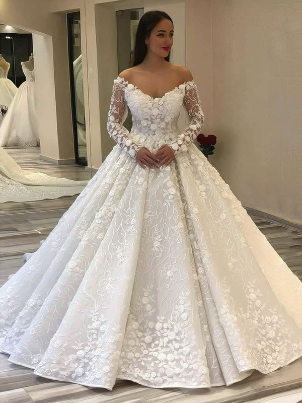 Glamorous V-Neck Off-The-Shoulder Long Sleeves Ball Gown Lace Cathedral Train Wedding Dresses