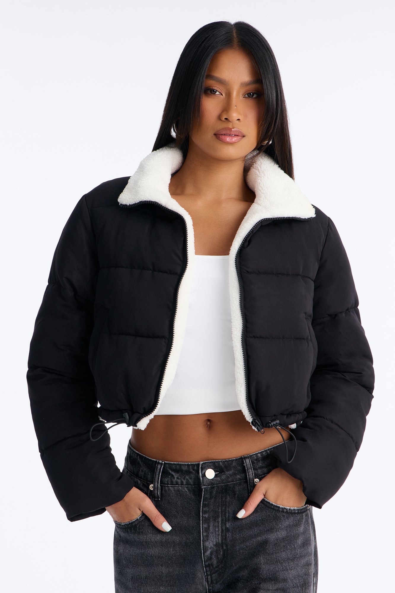 Everyday Nylon Blend Sherpa Lined Puffer - Black