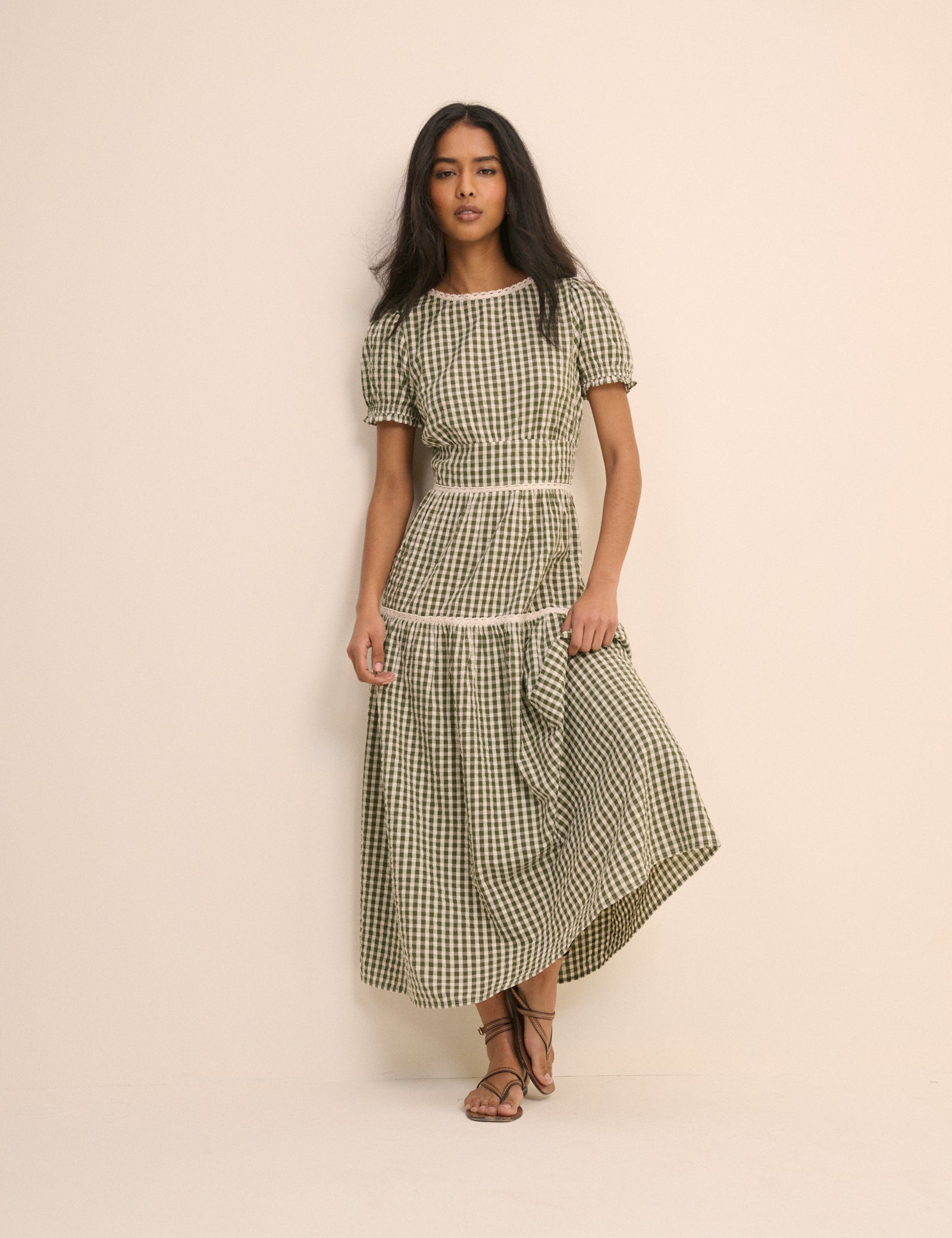 Green Gingham Lace Trim Dara Midi Dress