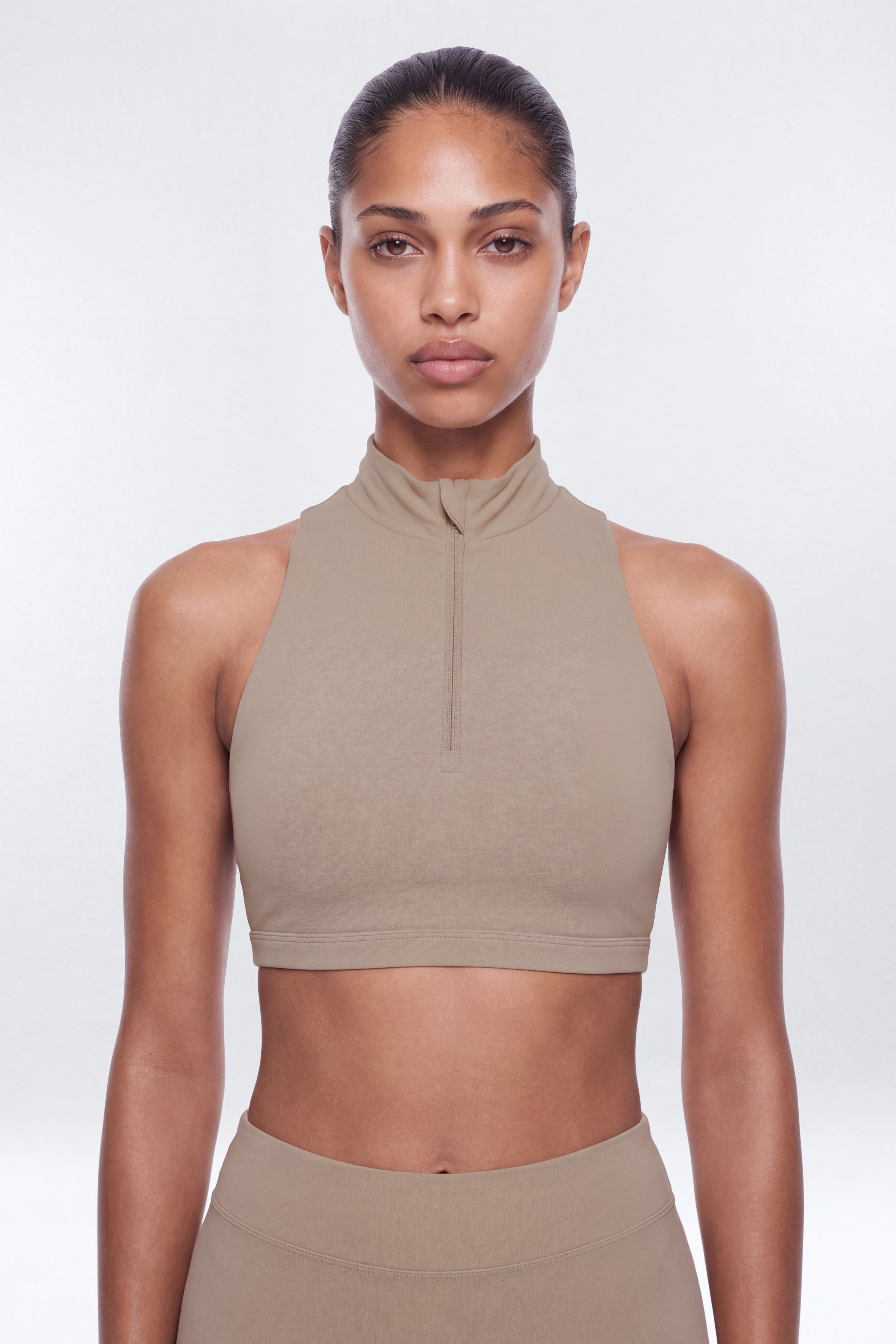 ProStretch™ Mock Neck Quarter Zip Sports Bra - Taupe