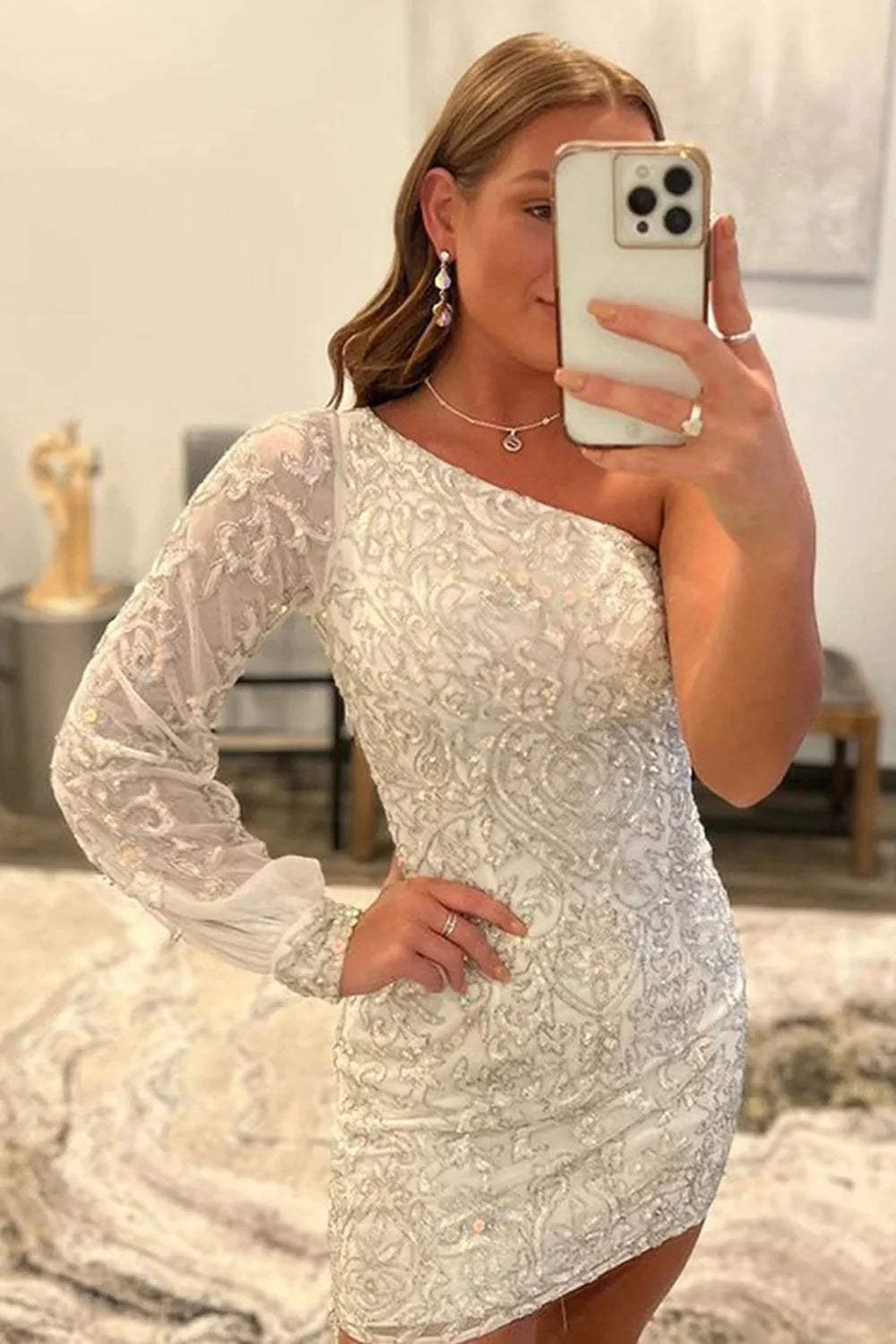 White Beaded Sequins One Shoulder Tight Homecoming Dress/Mini Dress