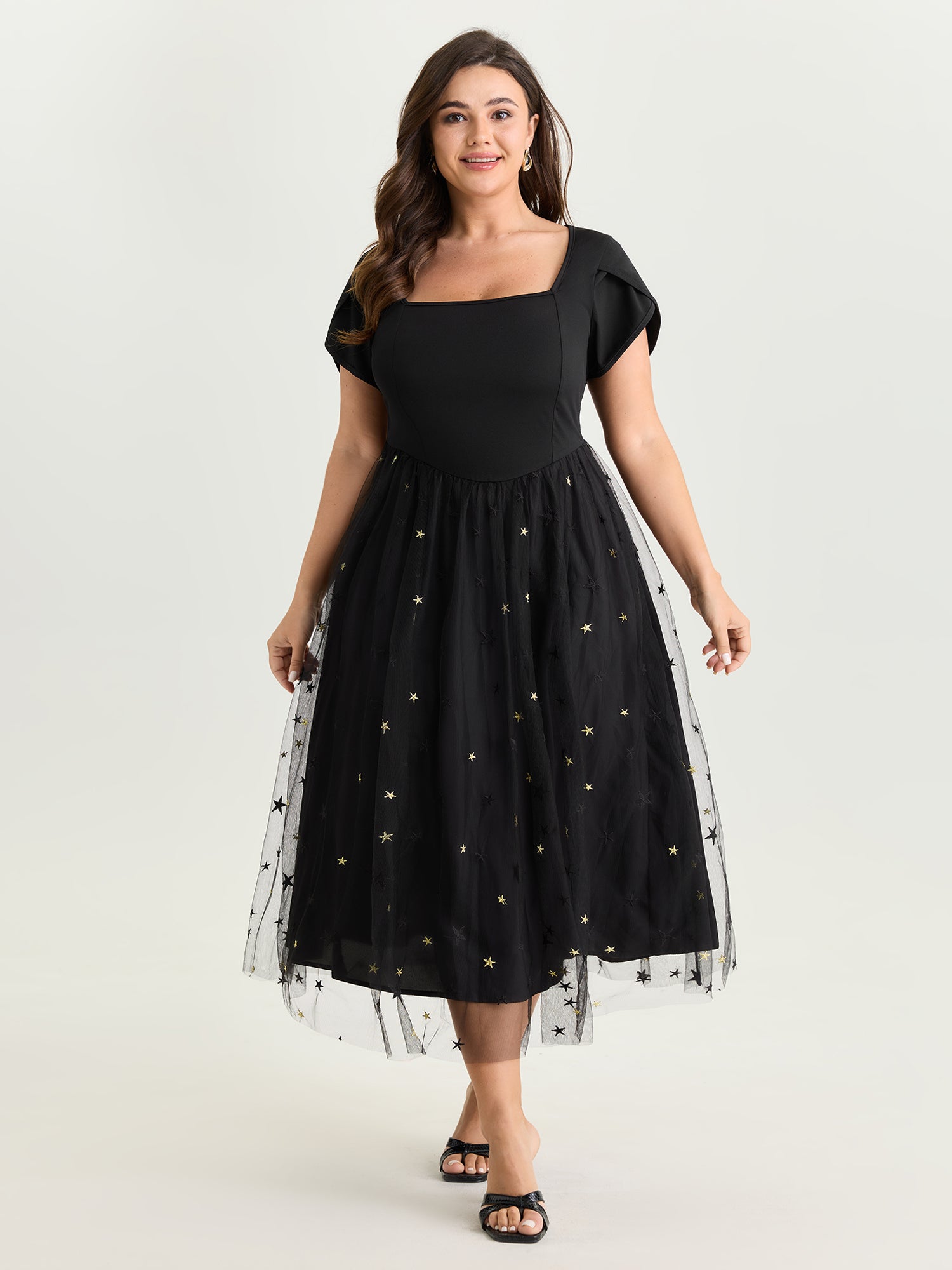 Star Embroidered Square Neckline Midi Dress