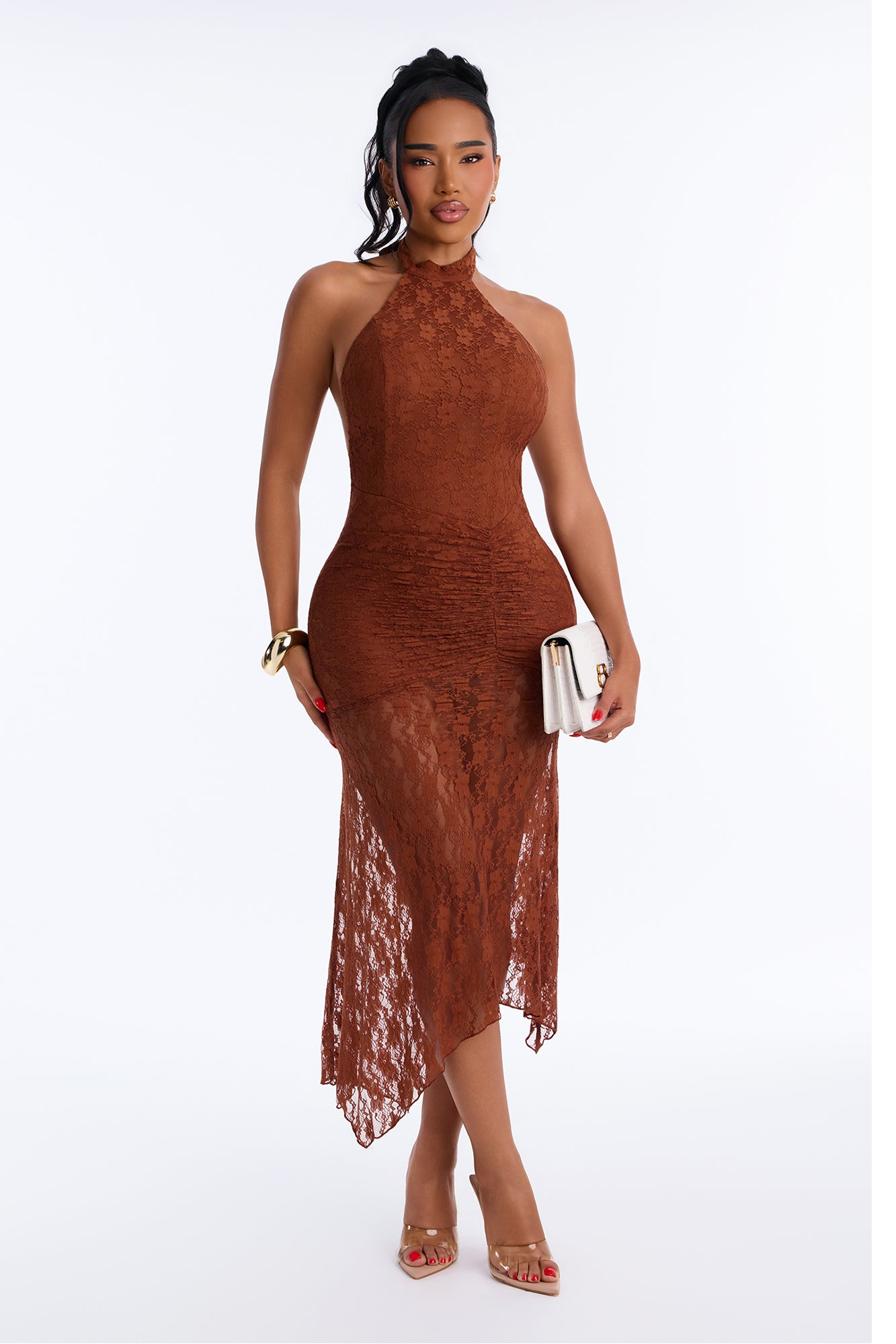 Zora Ruched Lace Floral Midi Dress - Rust