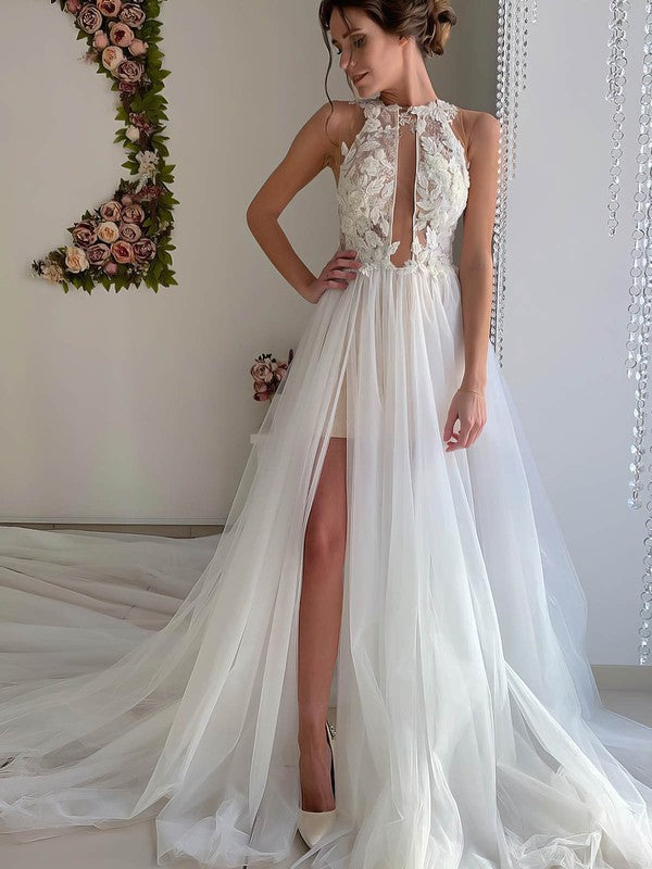 Fabulous A-Line Jewel Sleeveless Tulle Wedding Dresses with Split