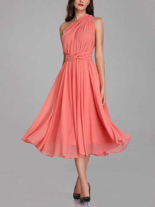 Glamorous A-Line One-Shoulder Sleeveless Chiffon Tea-Length Bridesmaid Dresses