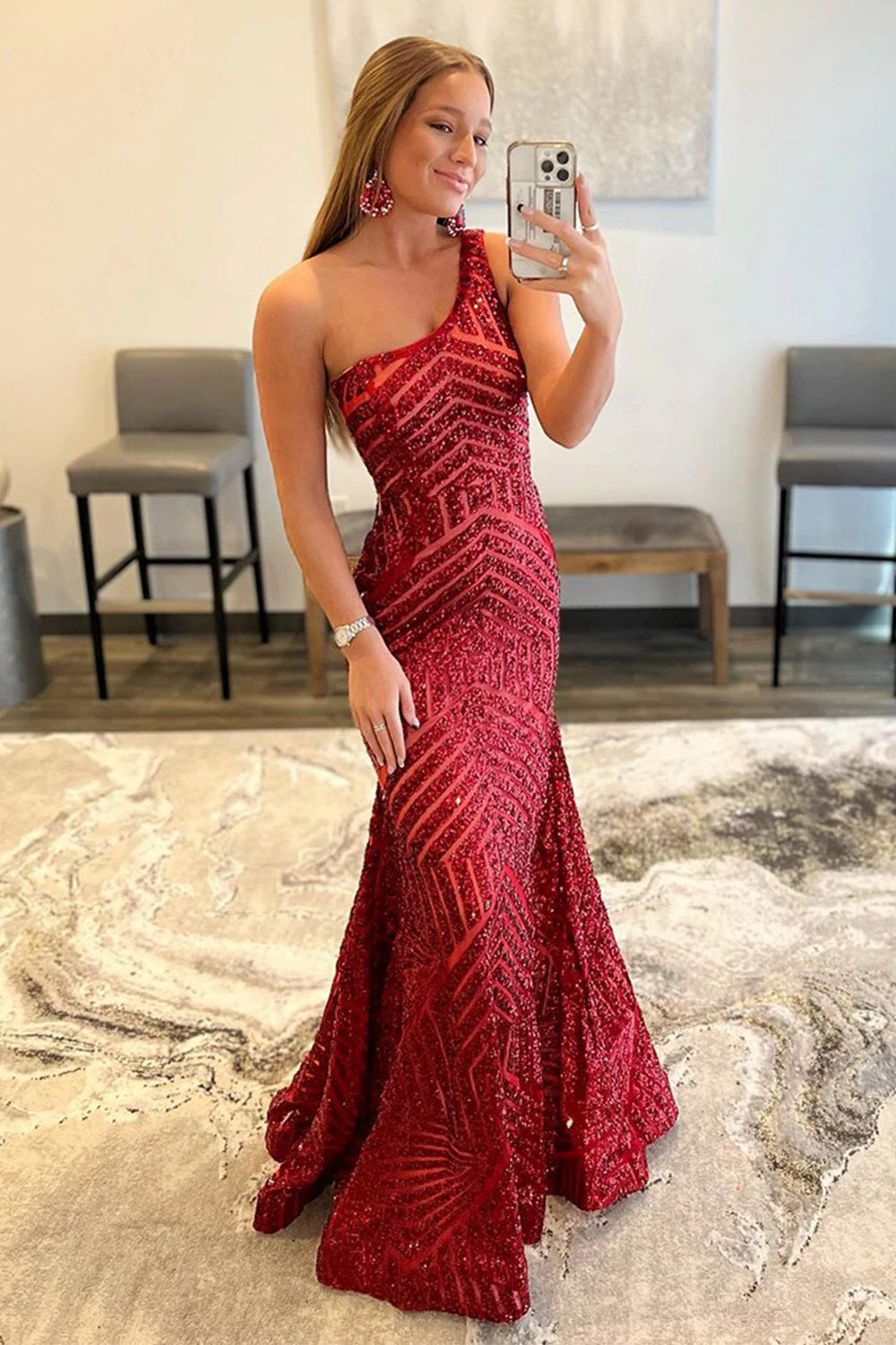 Sequined Mermaid Prom Dress in Dark Red with One Shoulder