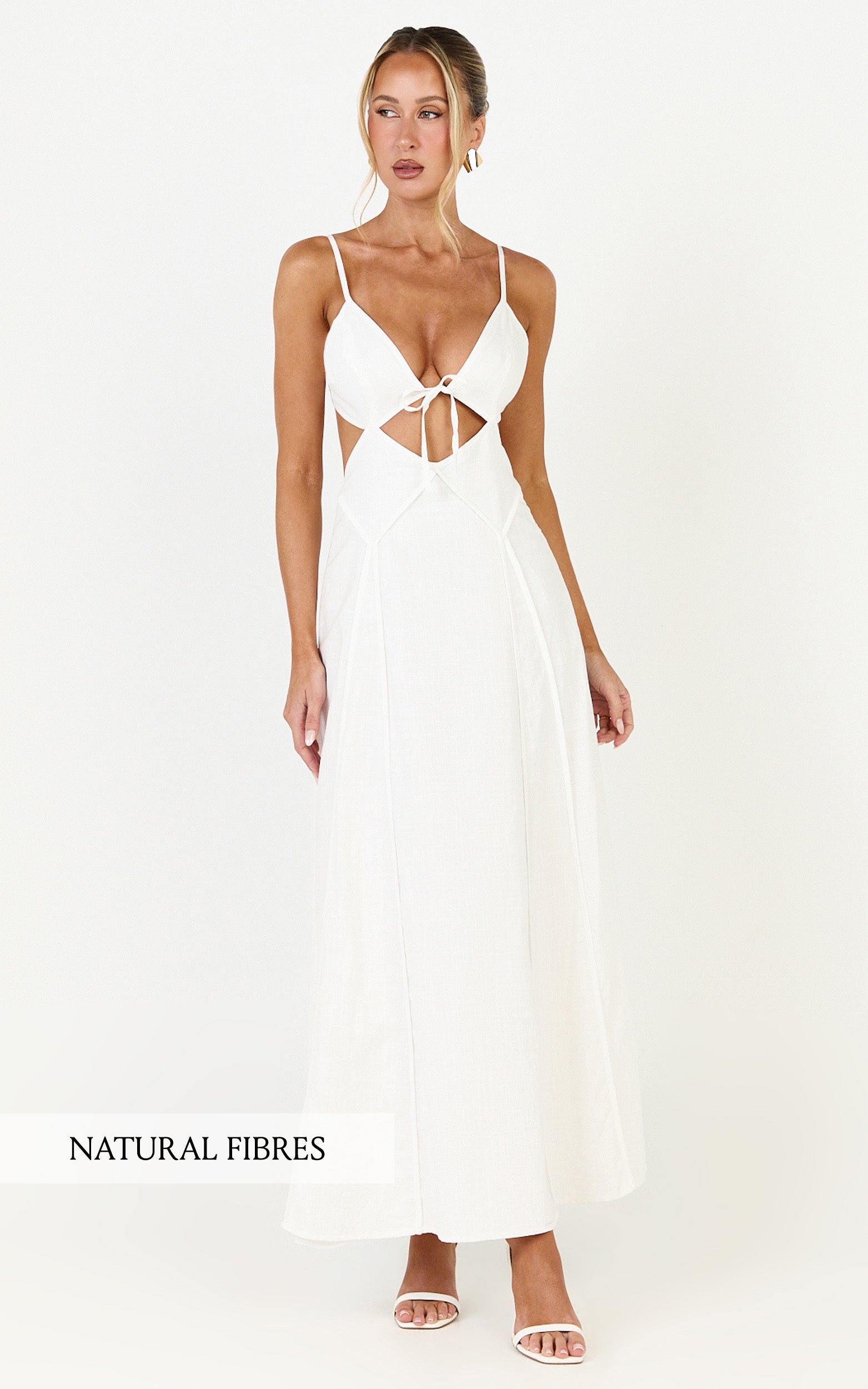Grace Midi Dress - Strappy Cutaway with Godet Detail Dress in White