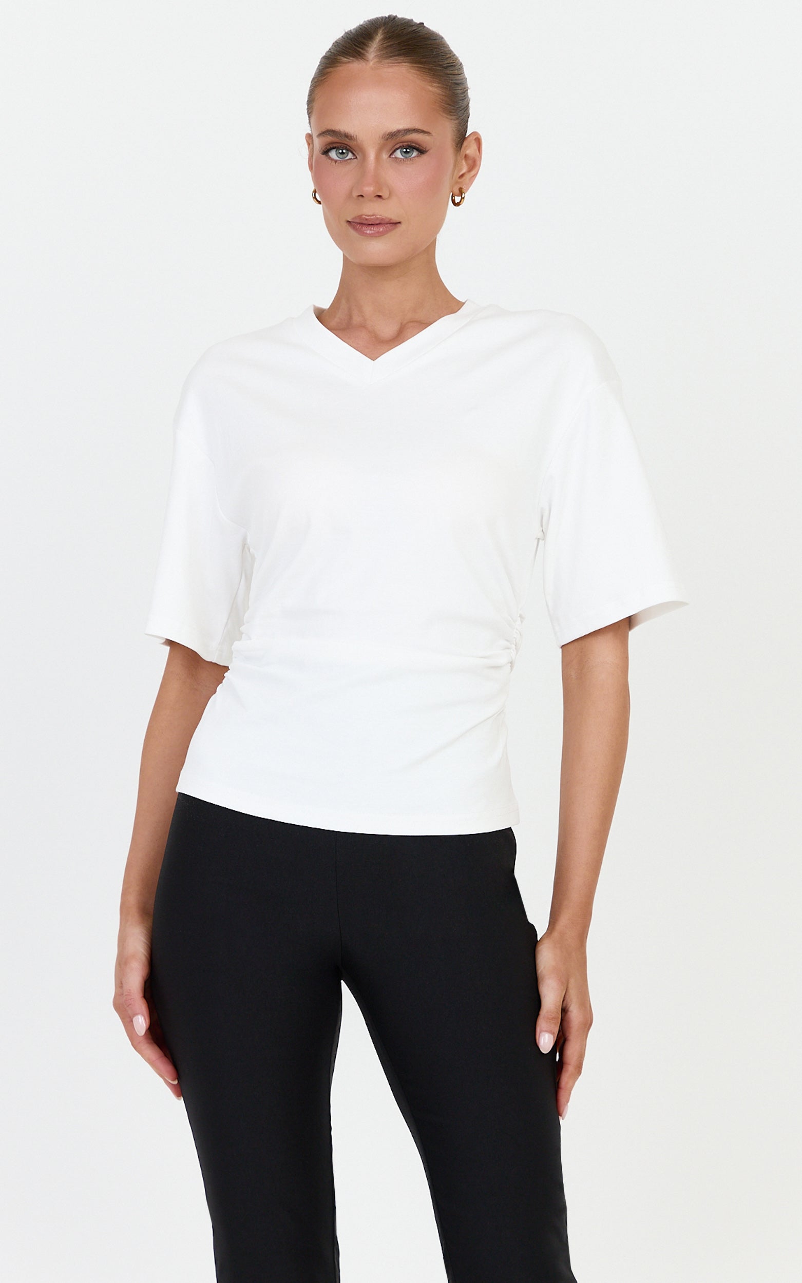Riva Top - Cotton V Neck Cinched Waist T Shirt in Off White