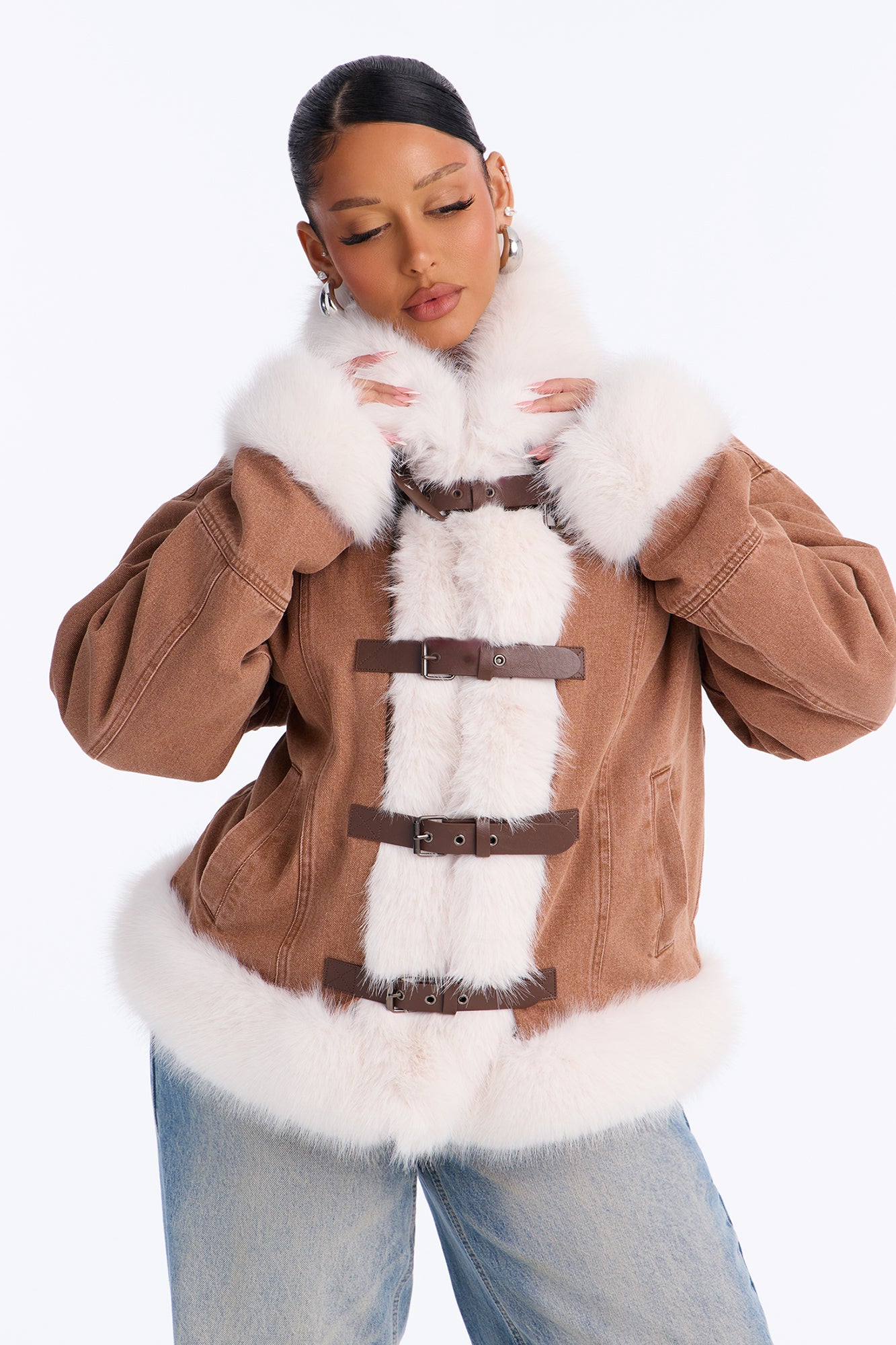 Total Chill Faux Fur Denim Jacket - Brown