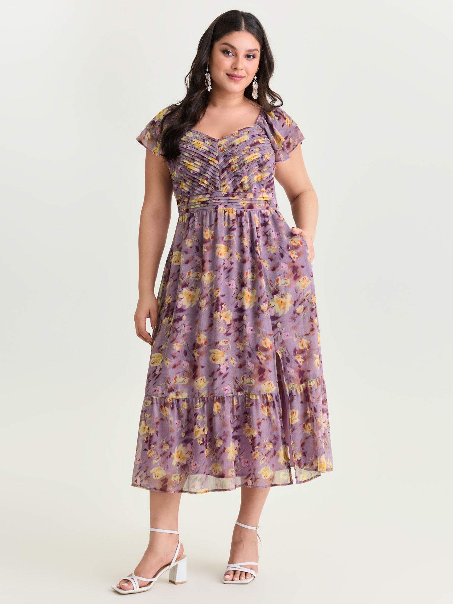 Floral Print Pleated Pockets Midi Dress