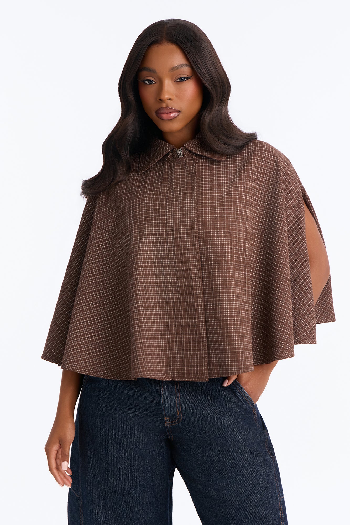 Fall Veil Plaid Poncho Blouse - Chocolate