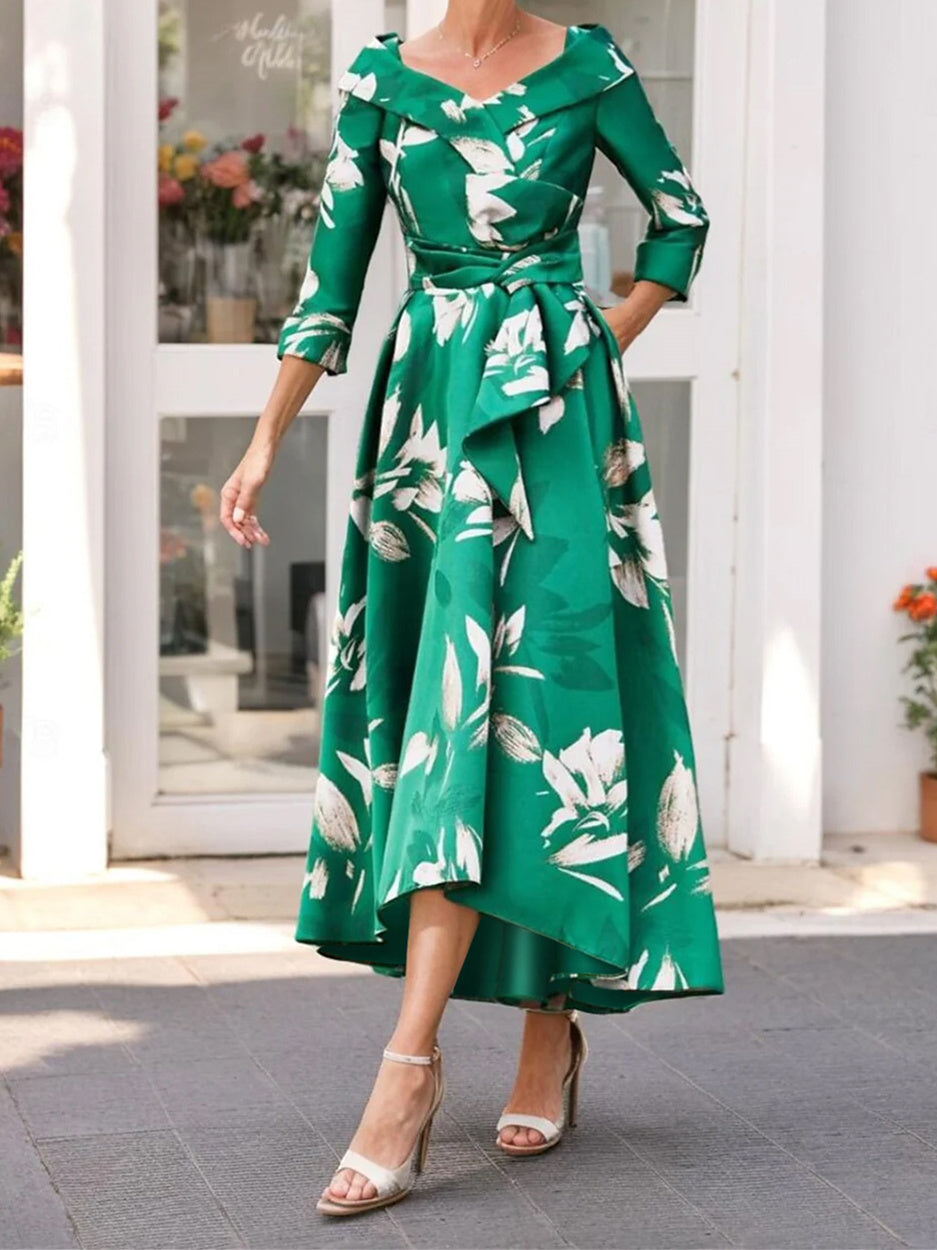 V-Neck A-Line Tea-Length Mother of the Bride Dress with 3/4 Sleeves and Sash