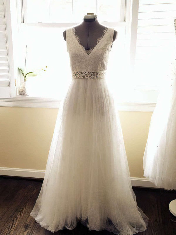 Deluxe V-Neck Backless Lace Tulle A-Line Wedding Dresses with Sash