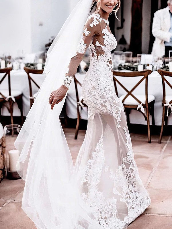 Exquisite Sheath Jewel Long Sleeves Lace Tulle Wedding Dresses with Appliques