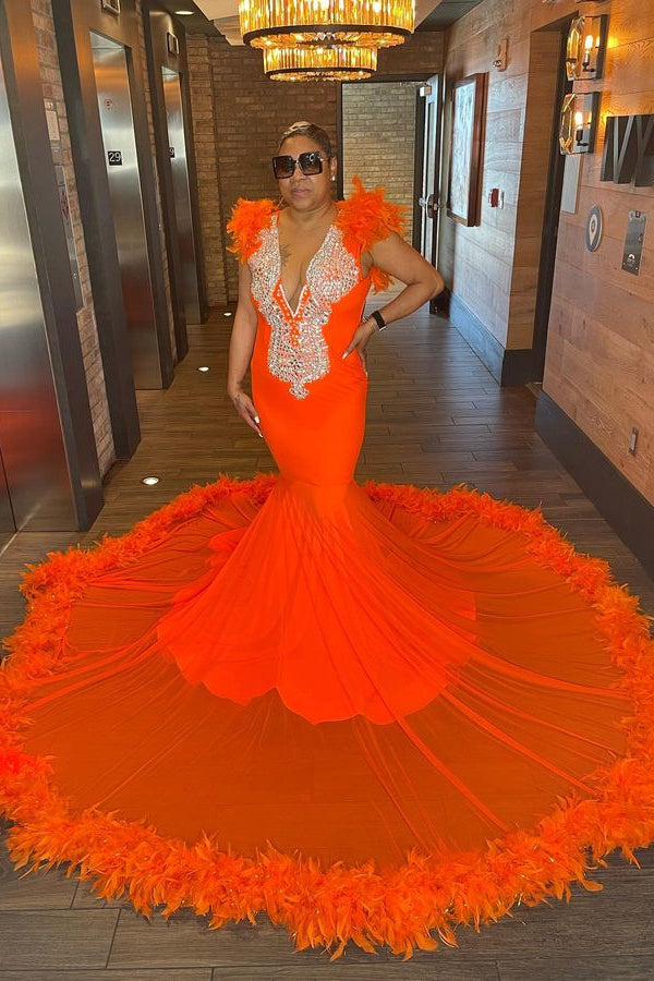 Orange V-Neck Sleeveless Feather Evening Dress
