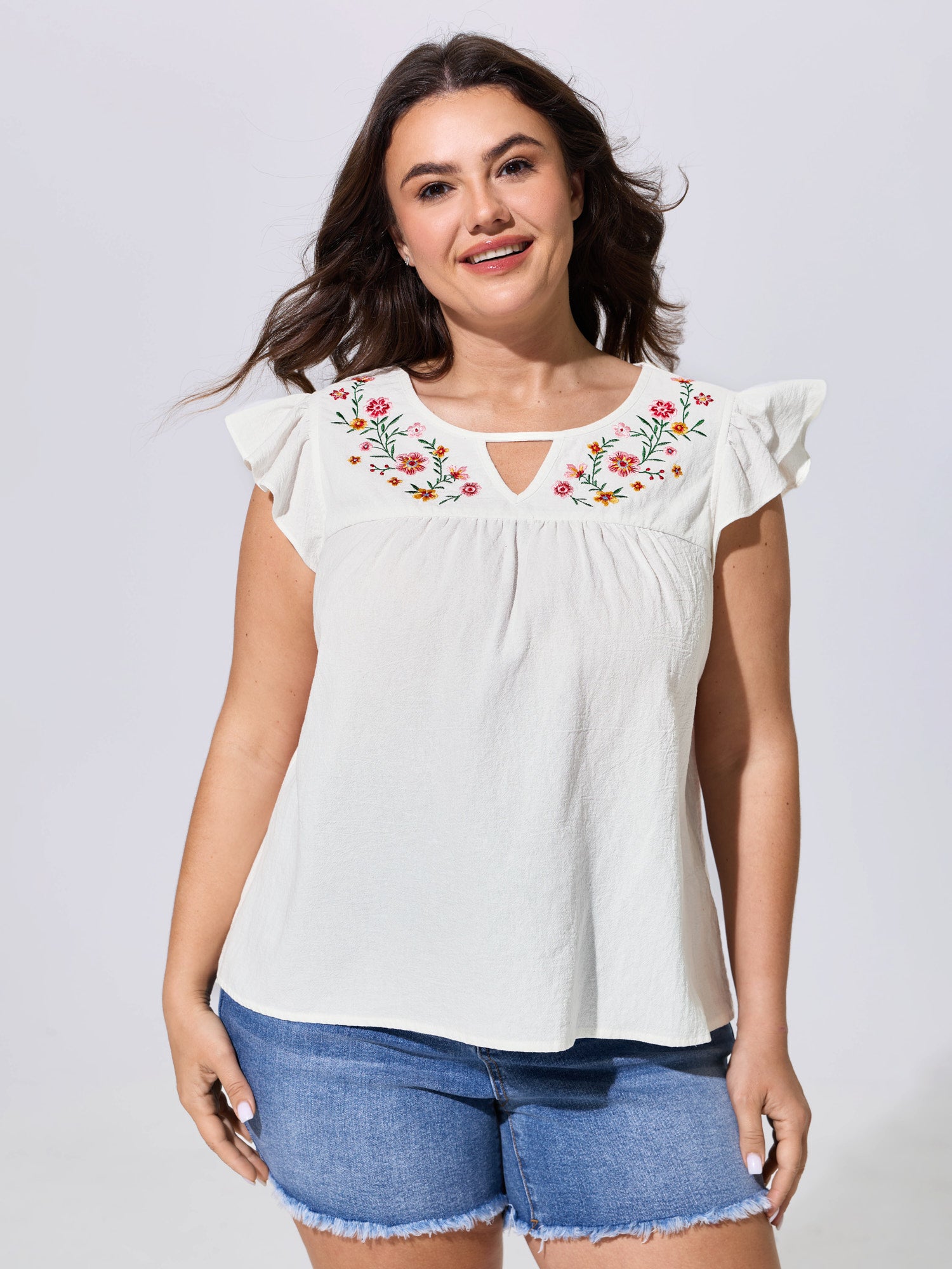 Cotton Floral Embroidered Flutter Sleeve Plain Blouse