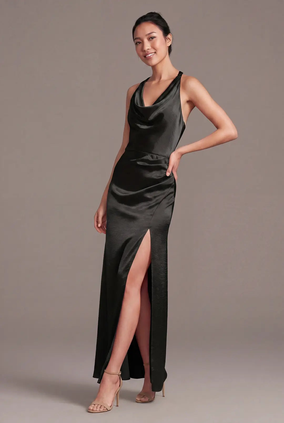 Luxe Satin Cowl Neck Halter Sheath Dress