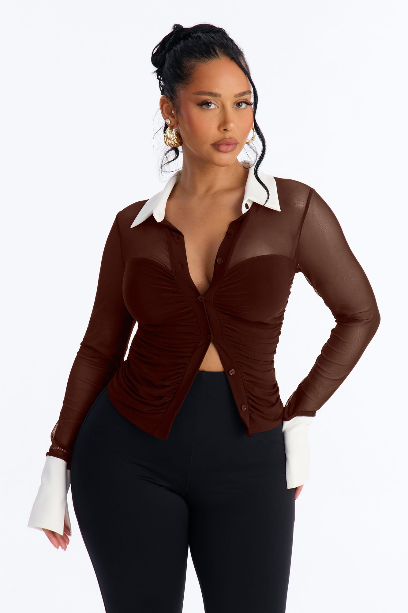 Strictly Yours Ruched Mesh Long Sleeve Shirt - Chocolate