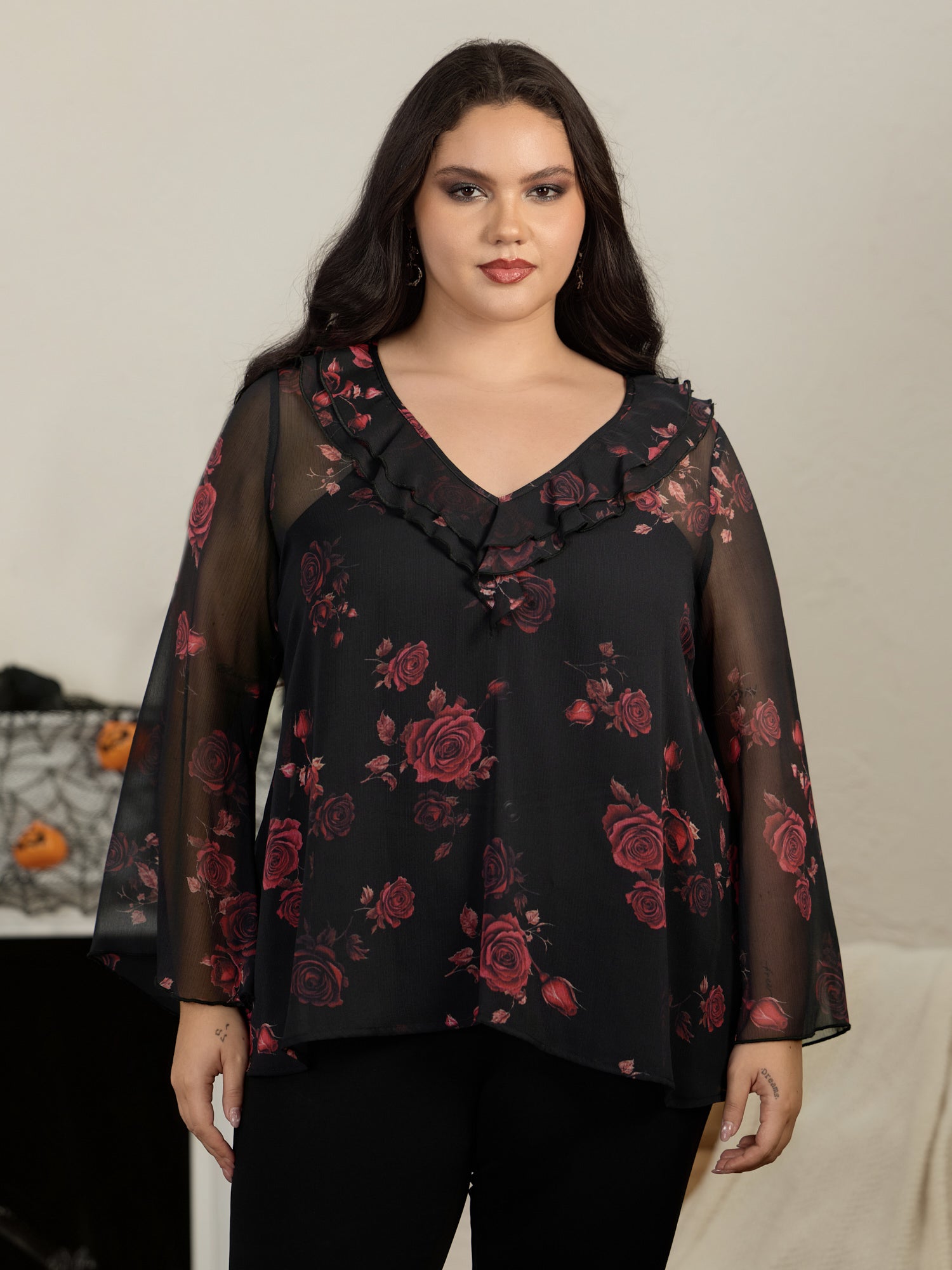 Rose Print Ruffle V‑Neck Sheer Chiffon Blouse
