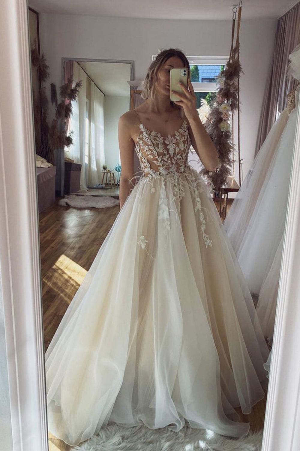 Long Ivory Prom Dress Featuring Appliques