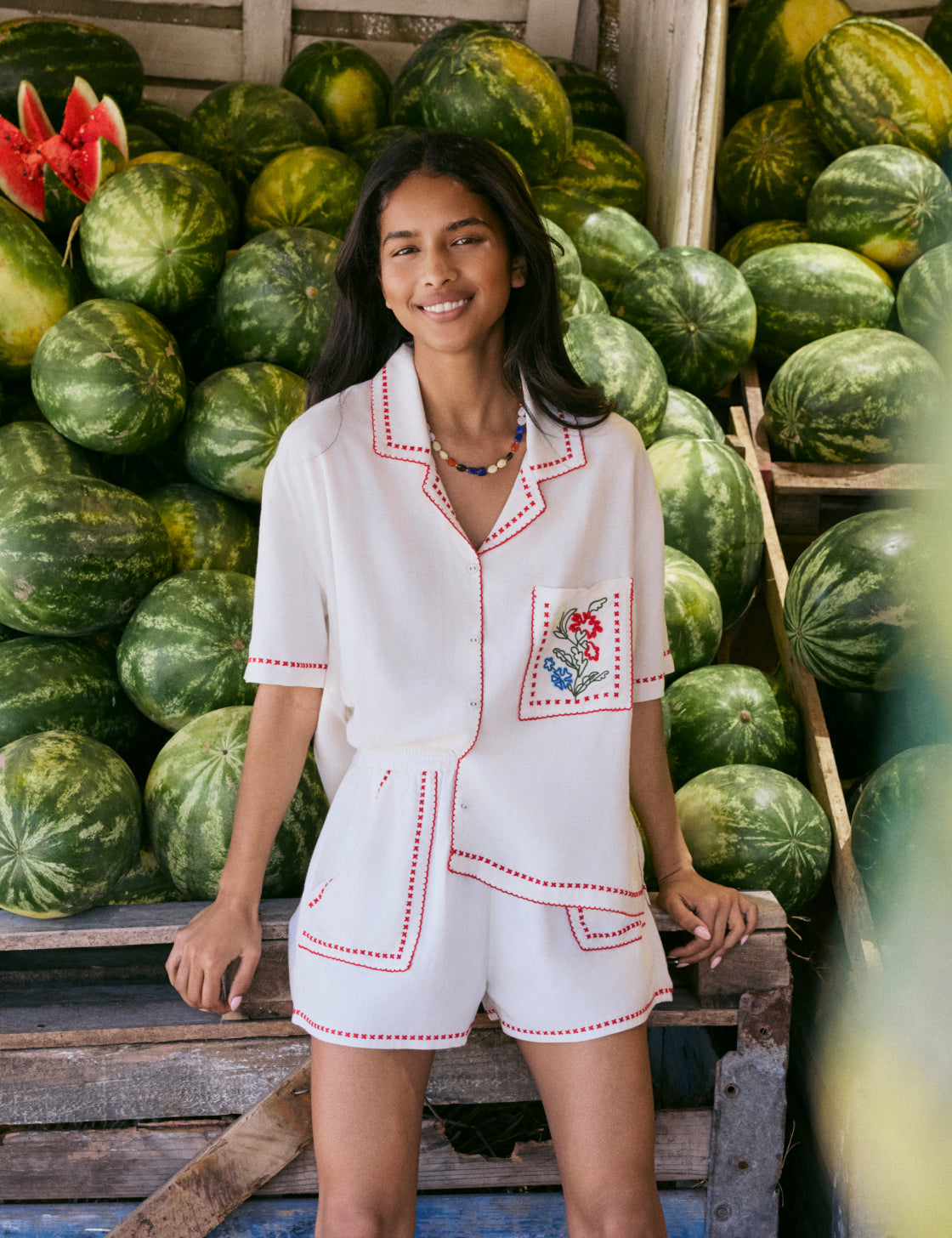 Cream Embroided Shirt & Shorts Set