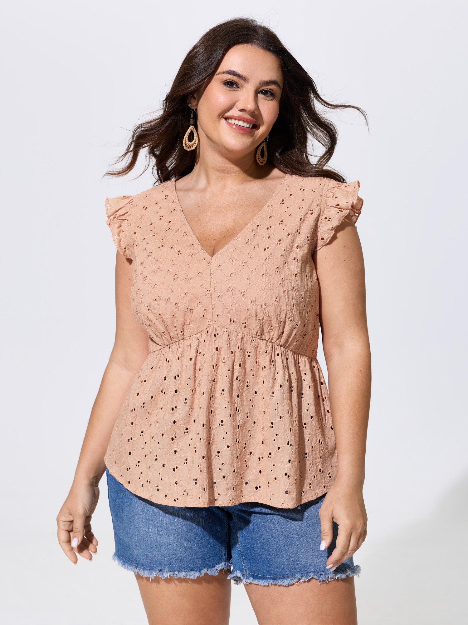 Cotton Eyelet Trim Flutter Sleeve Blouse