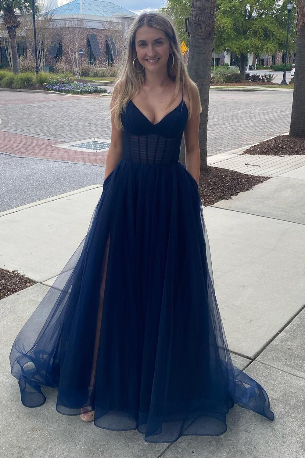Navy Long Prom Dress with Spaghetti Straps in A-Line Style