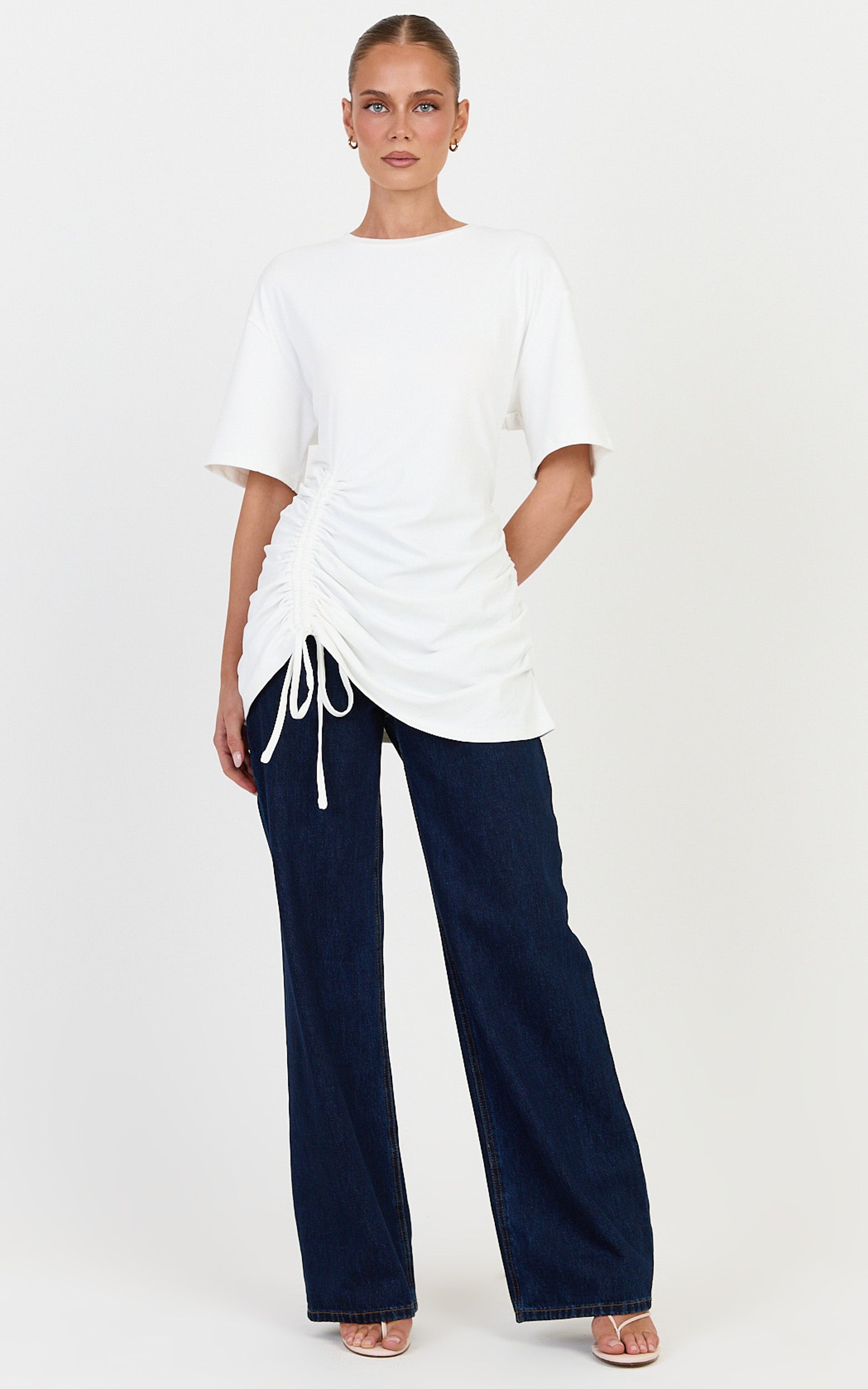 June Top - Longline T Shirt With Ruched Detail in Ivory