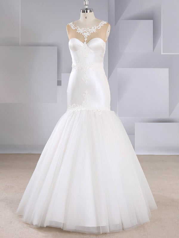 Elegant Trumpet Crew Sleeveless Satin Tulle Sweep Train Wedding Dresses
