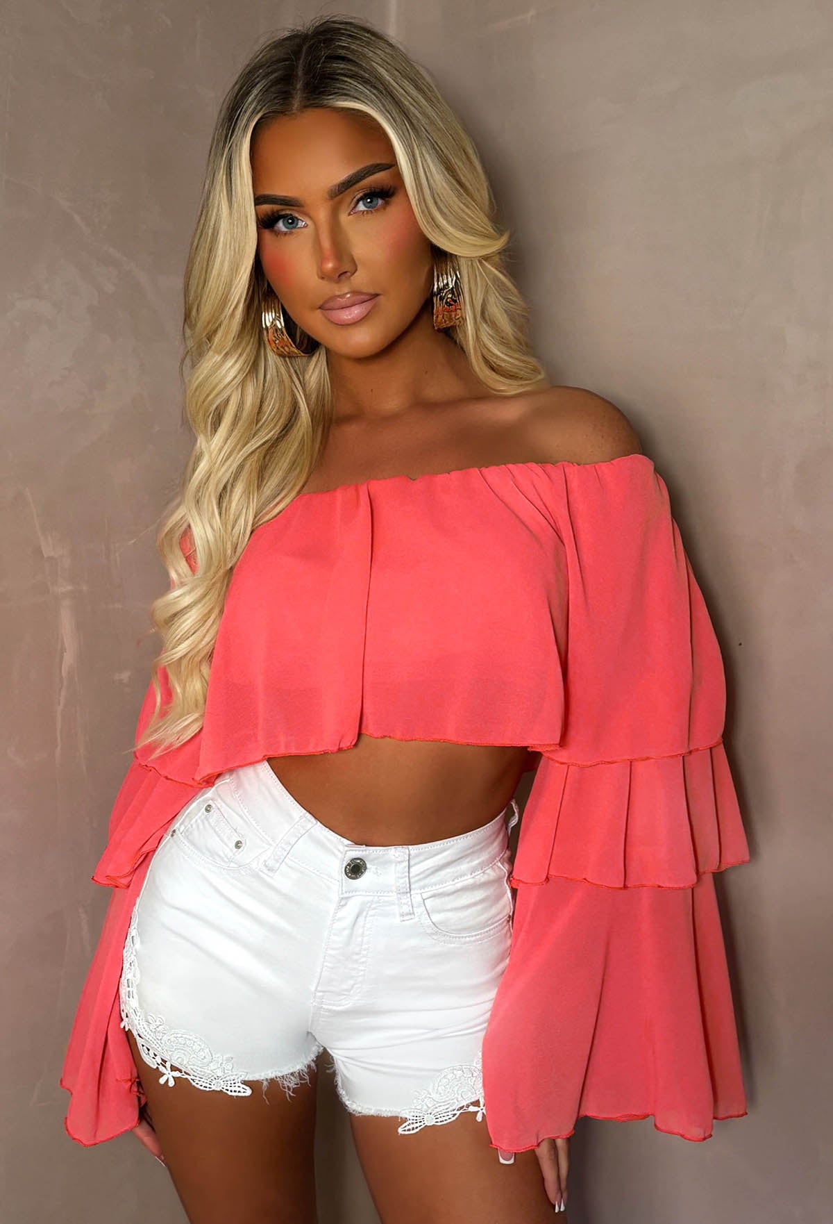 Oh My Love Coral Bardot Ruffle Crop Top