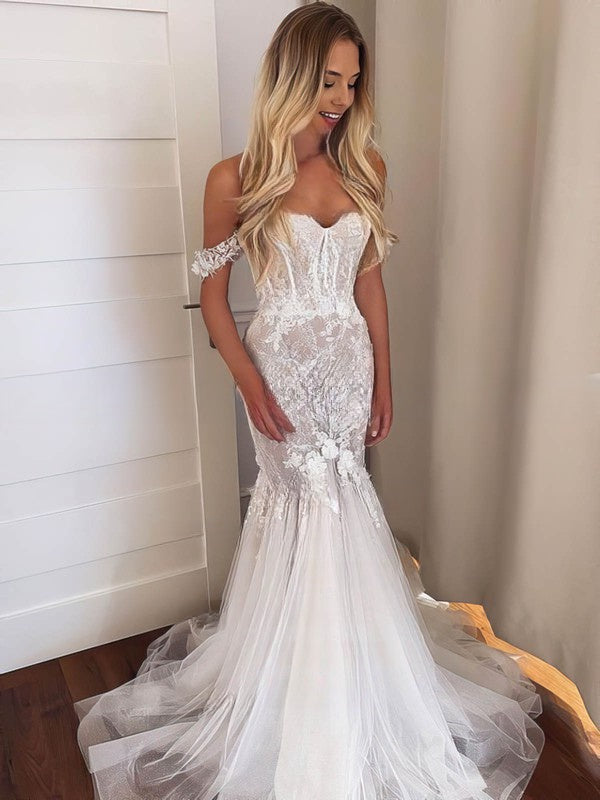 Fashionable Trumpet Off-The-Shoulder Lace Tulle Sweep Train Wedding Dresses with Appliques