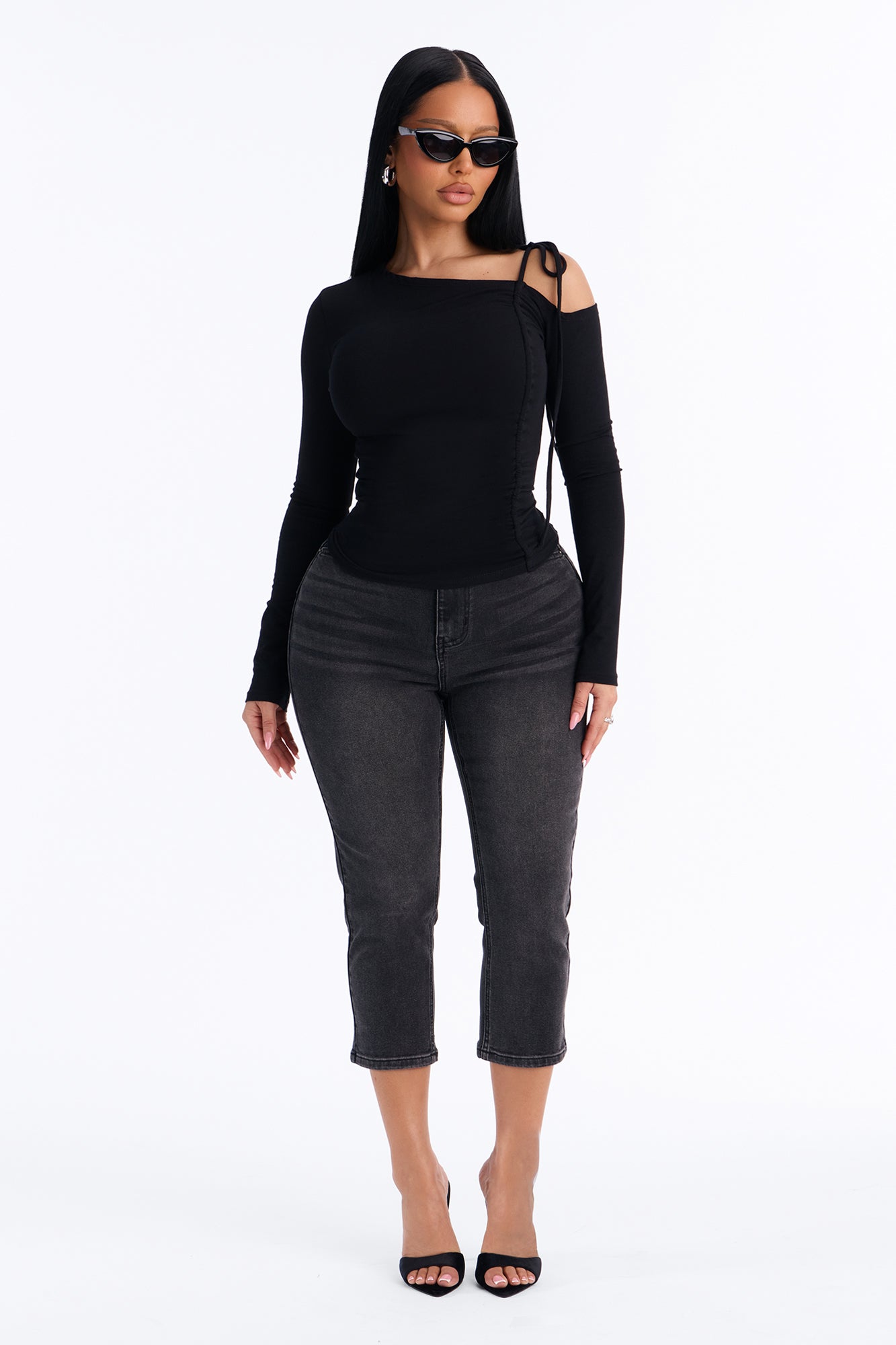 Georgina Drawstring Off Shoulder Long Sleeve - Black