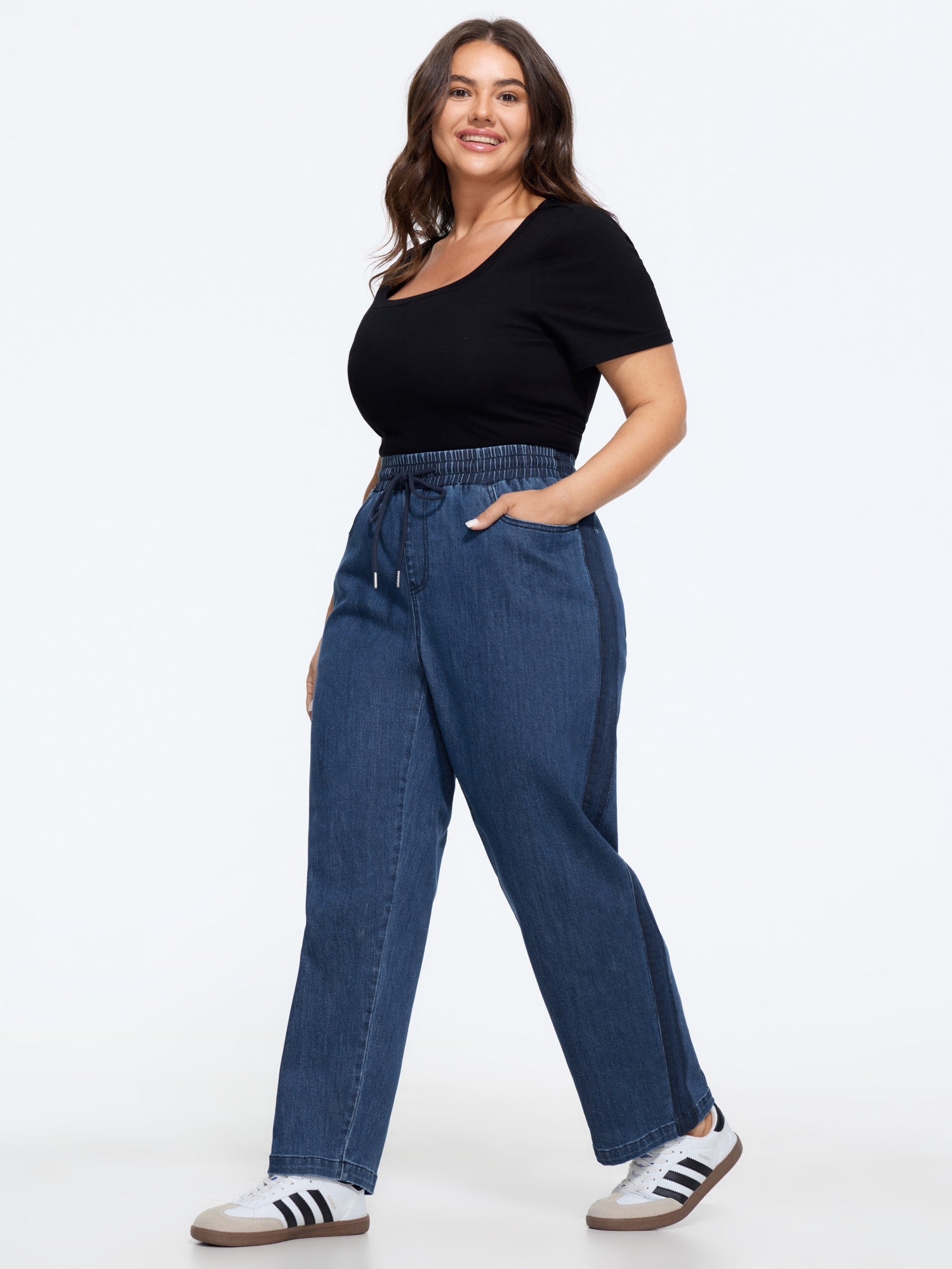 Stretch Drawstring Waist Pocket Straight Leg Jeans