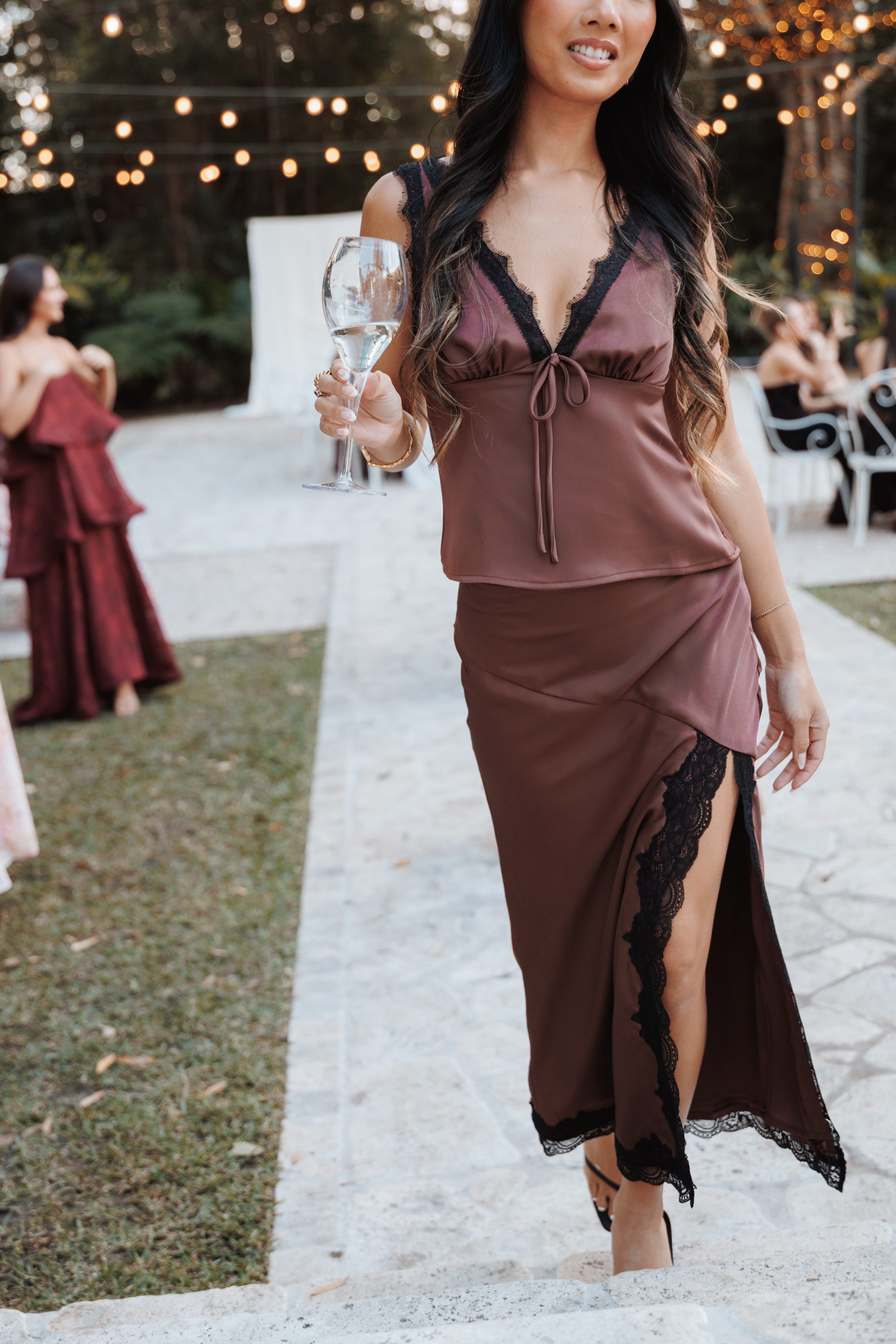 Theoni Slit Front Lace Trim Skirt - Brown