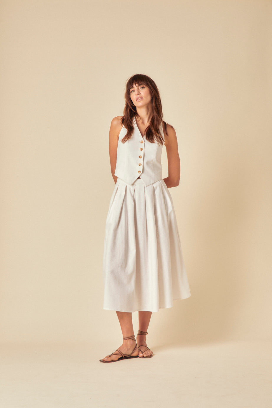 White Linen-Rich Pleated Tailored Midi Skirt