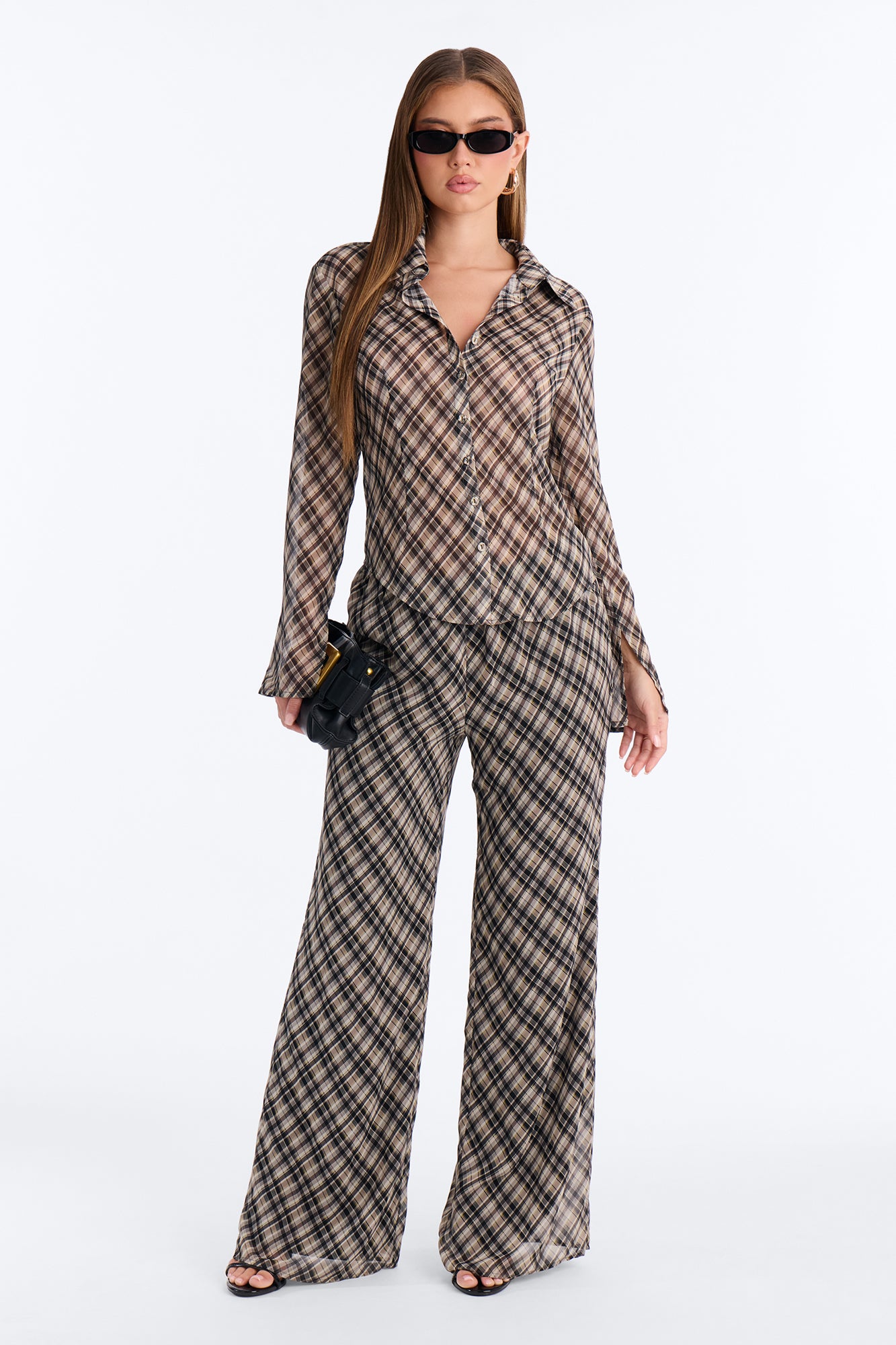 Plaid It Cool Chiffon Pant Set - Taupe/combo