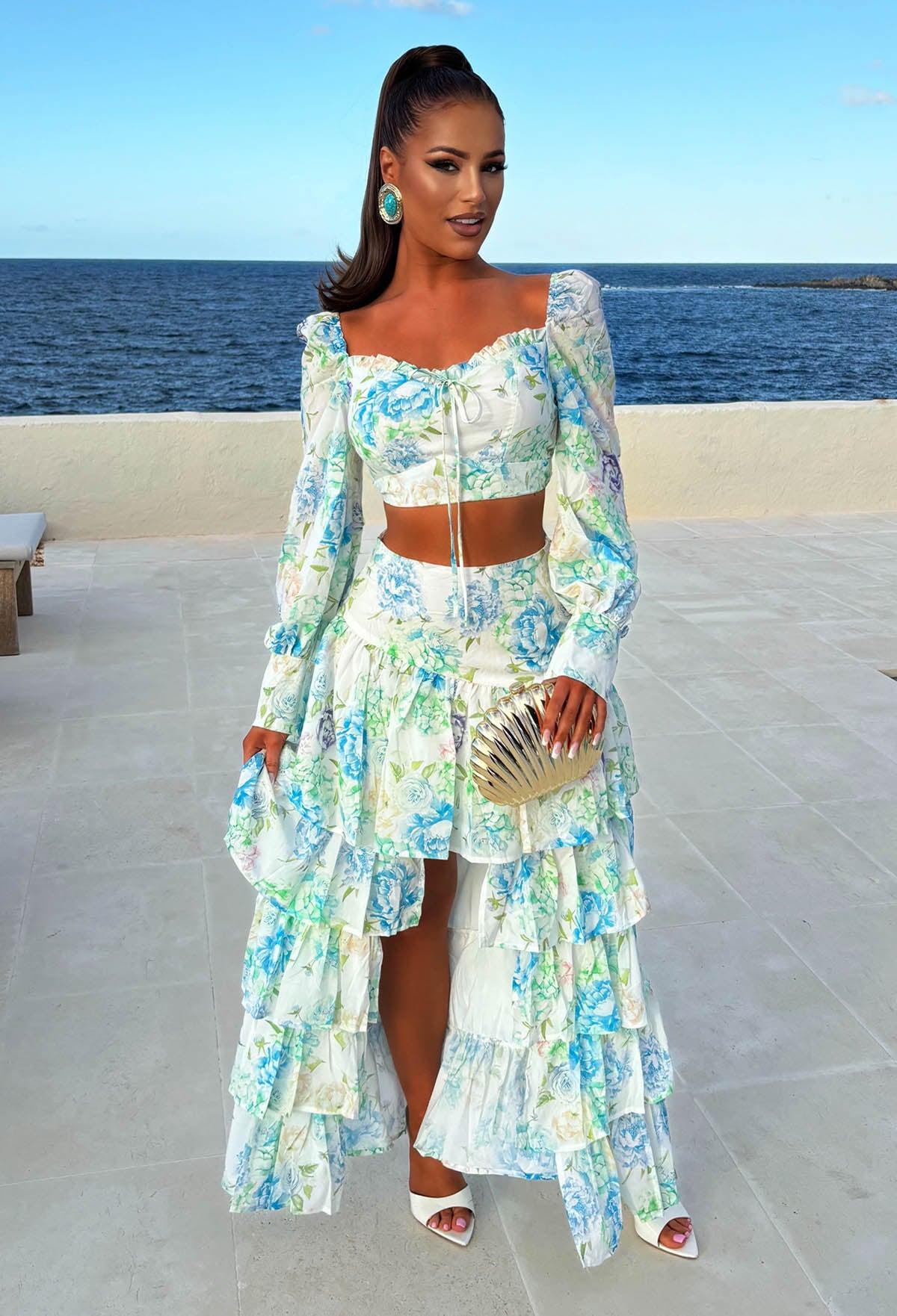 Spring Into Style Blue Floral Print Waterfall Skirt Co-ord Set